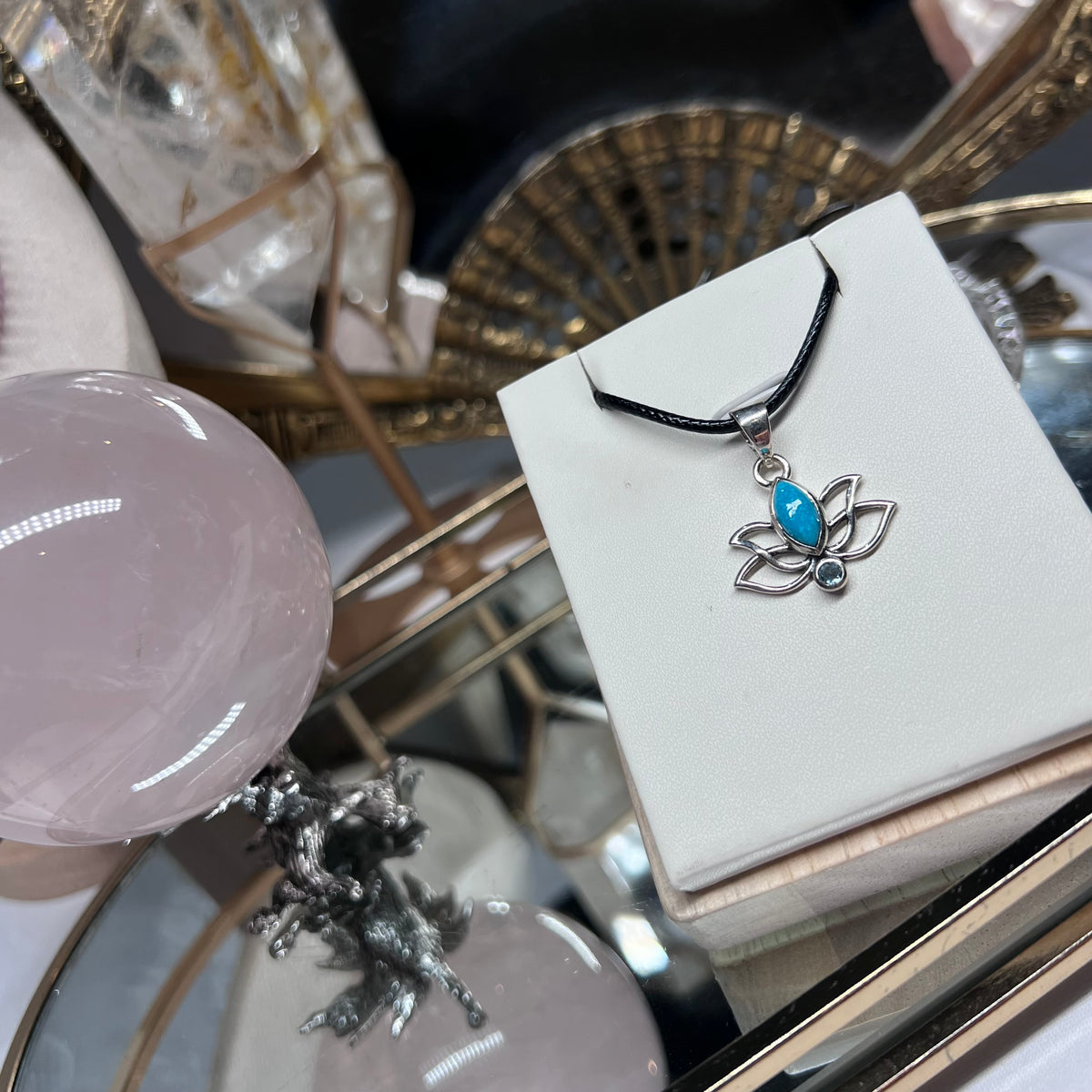 Mexican Turquoise & Blue Topaz Lotus flower pendant - 925 silver
