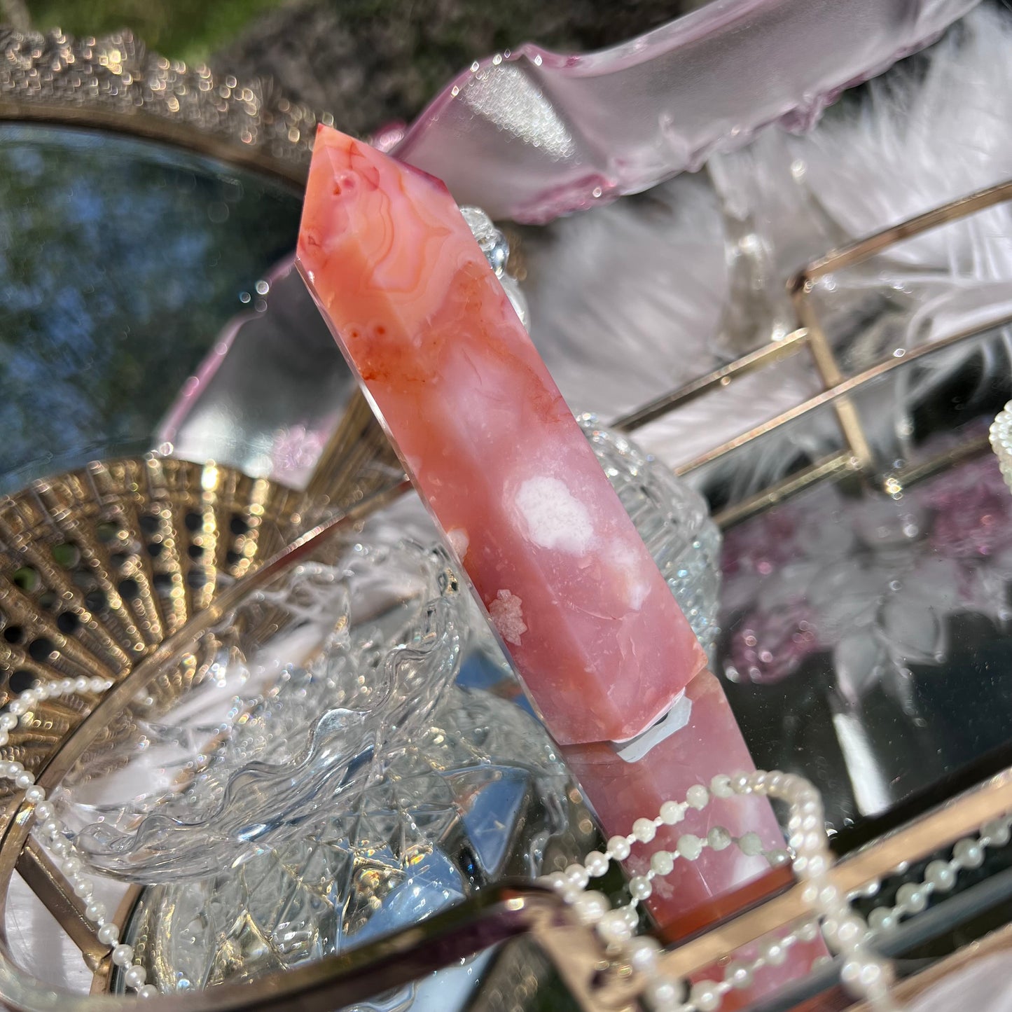 Pink Carnelian with Flower Agate inclusions crystal tower