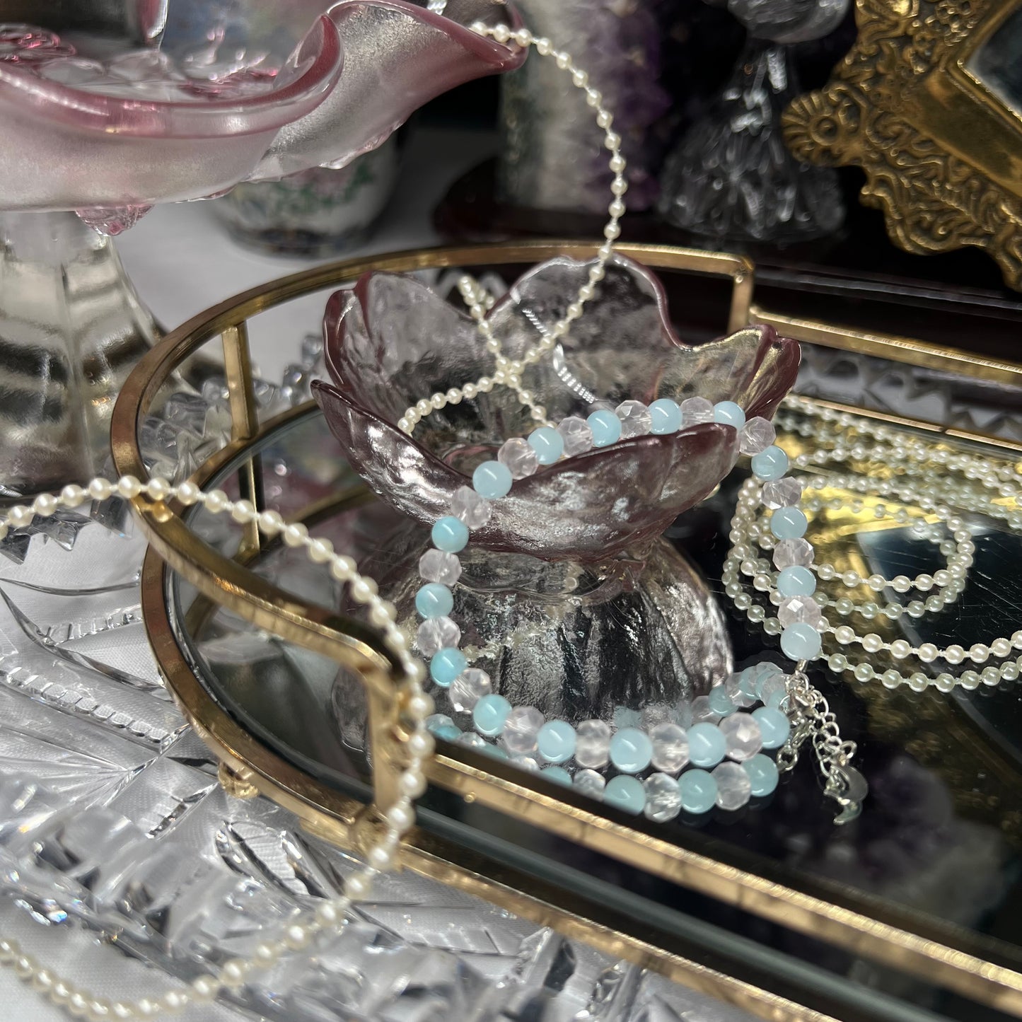 Silky Larimar + Faceted Rose Quartz adjustable length crystal beaded bracelet - 925silver - 6mm