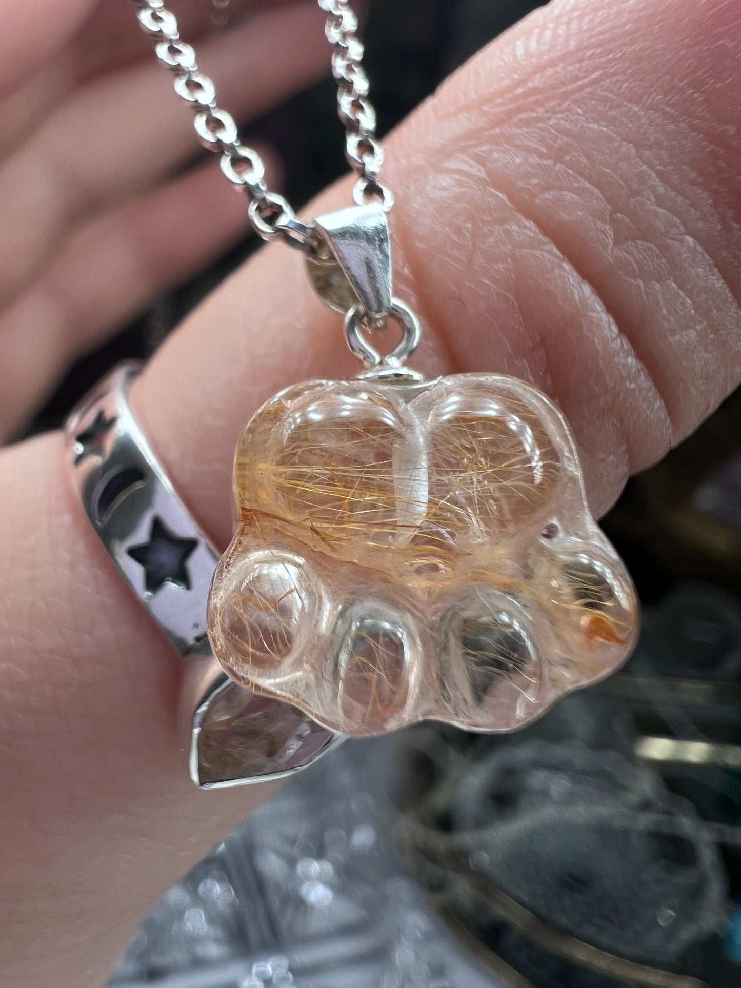 Golden Rutile in Quartz pet paw carved 925 silver pendant necklace