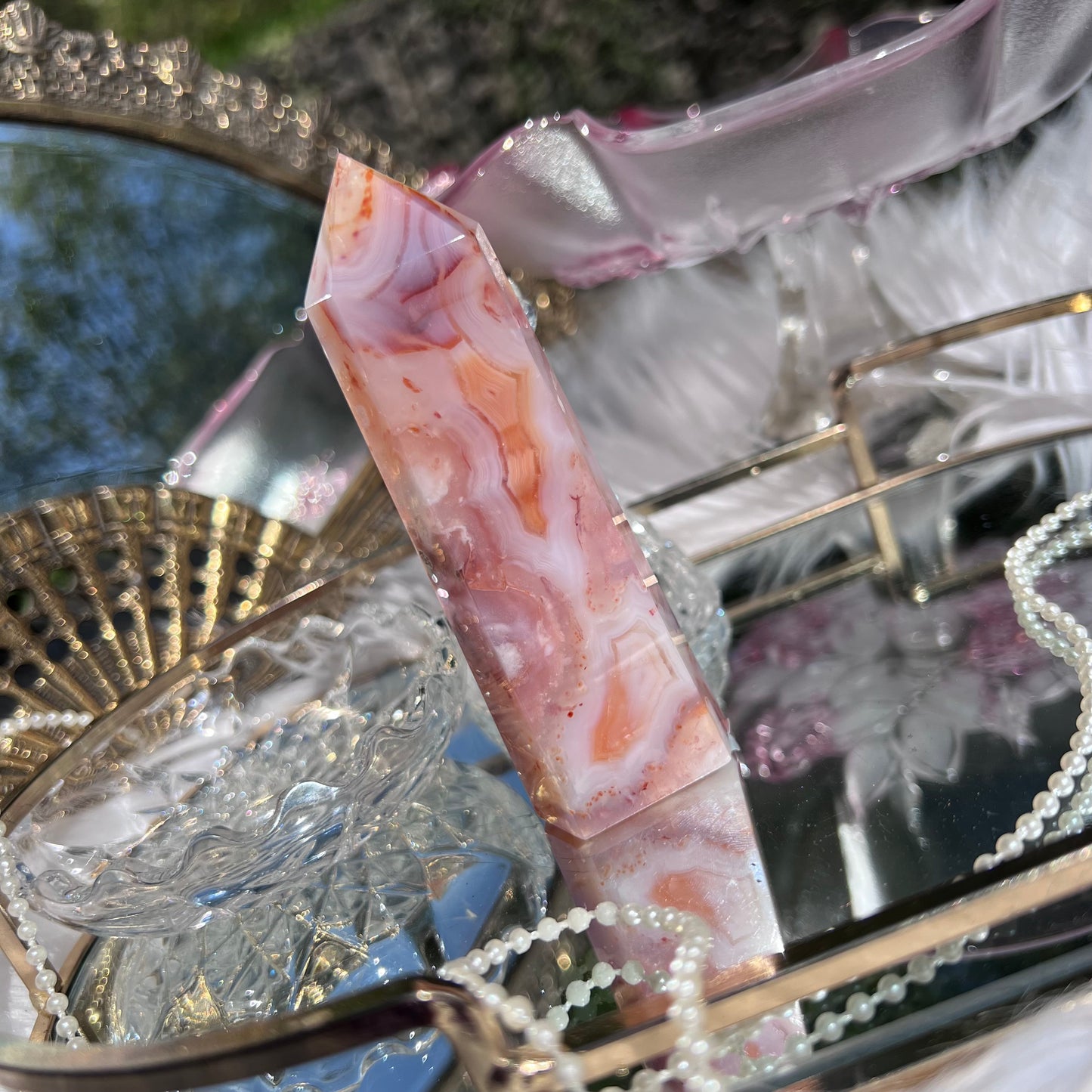 Pink Carnelian with Flower Agate & Blue Chalcedony inclusions crystal tower
