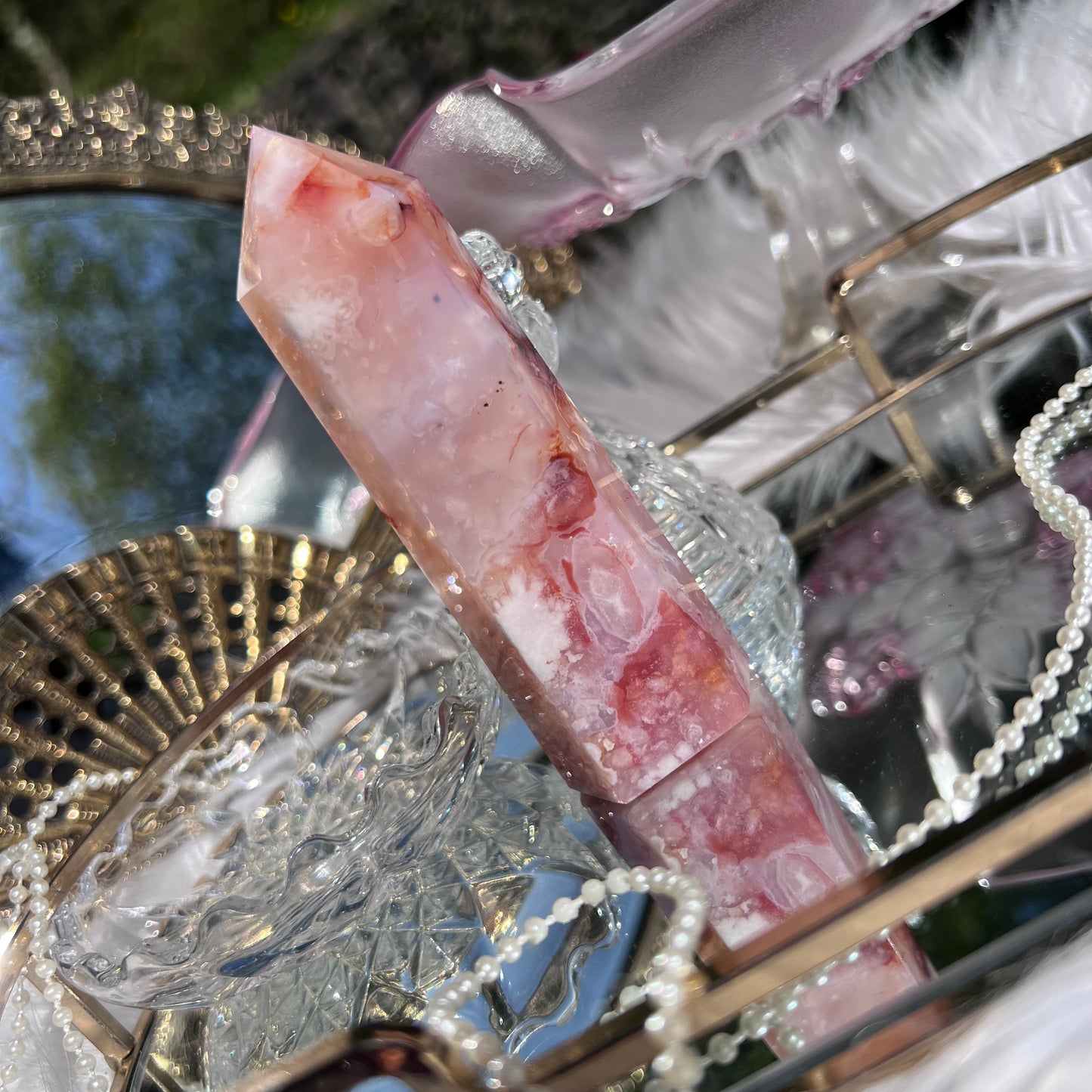 Pink Carnelian with flower agate & mineral inclusions