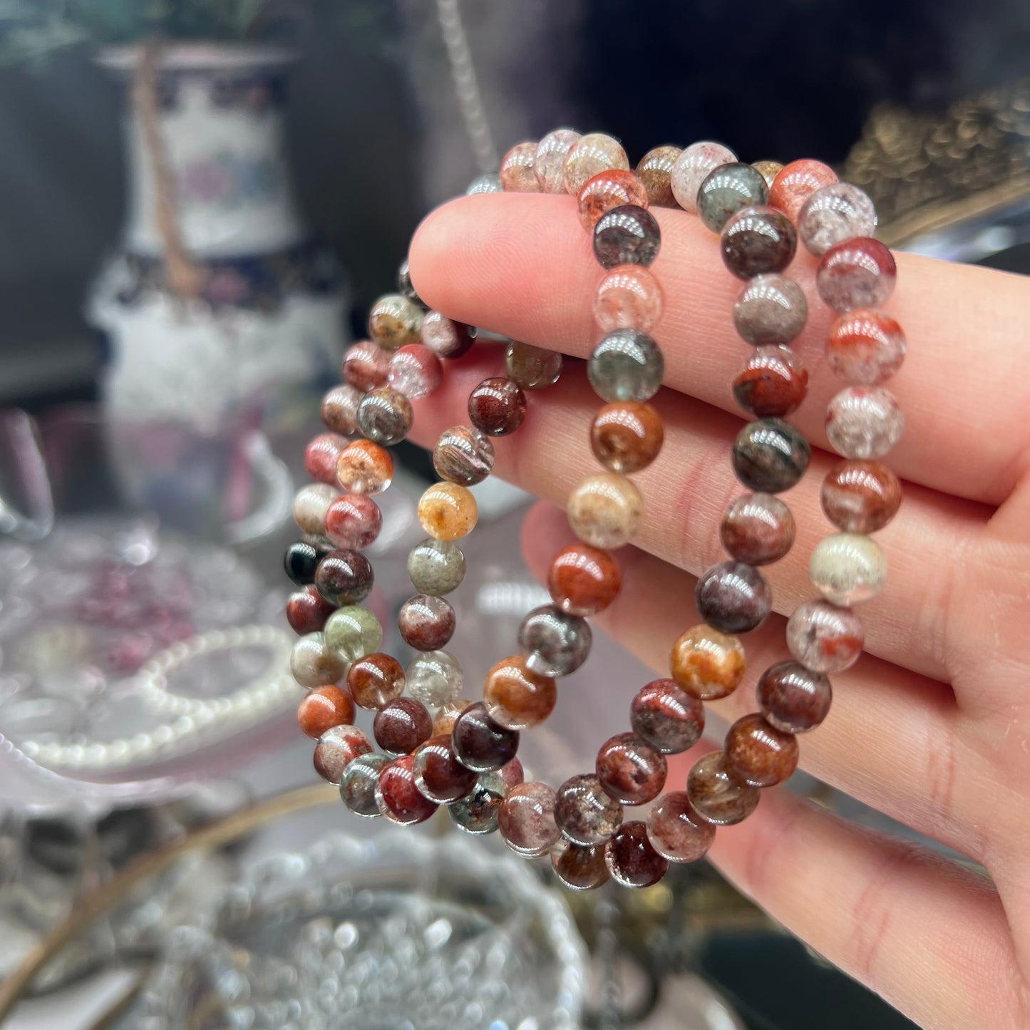 Multicolour Mixed Lodalite in quartz crystal beaded bracelet - 6.5mm