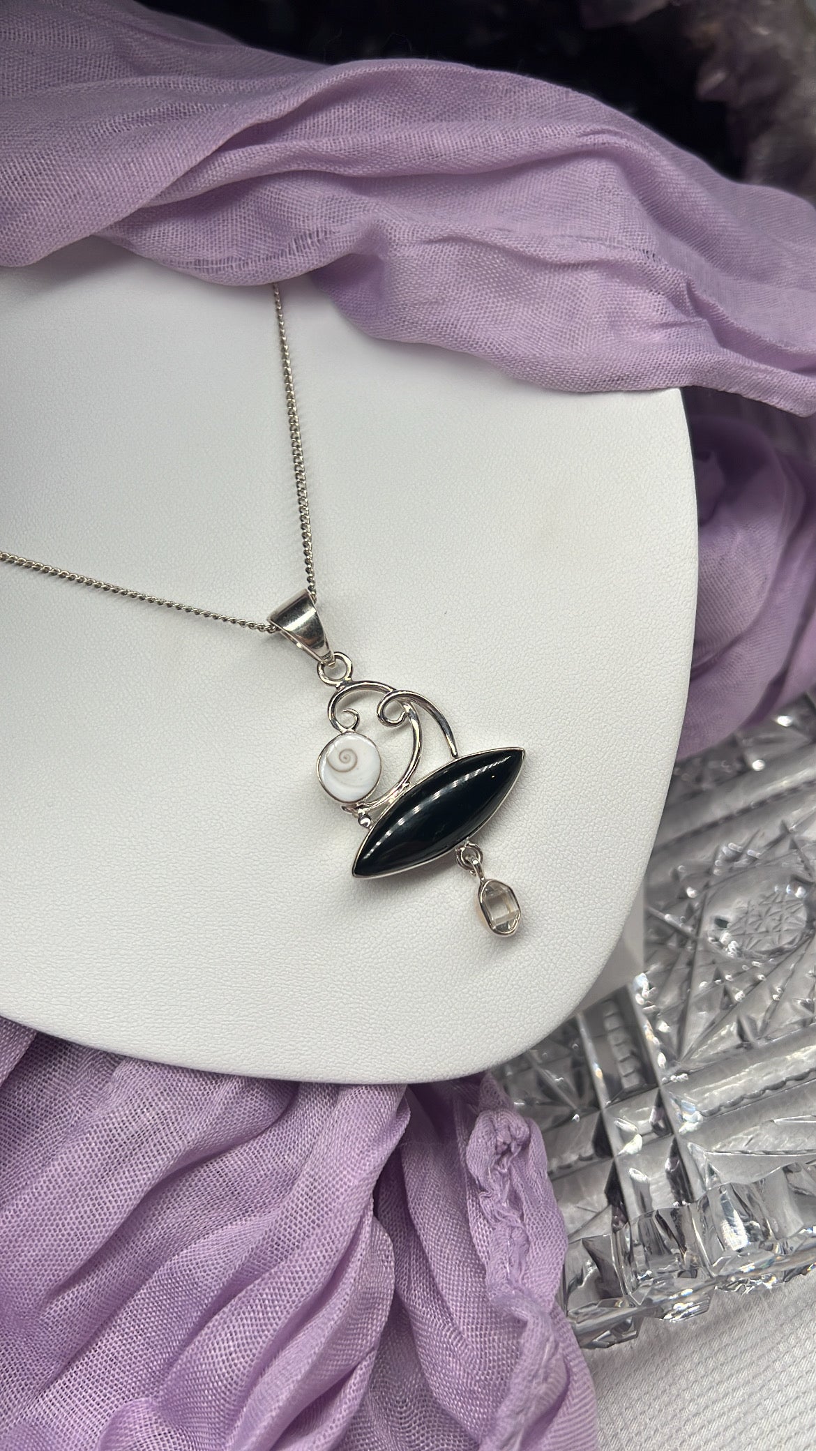 Black obsidian, Shiva Shell & Herkimer Diamond 925silver statement pendant necklace