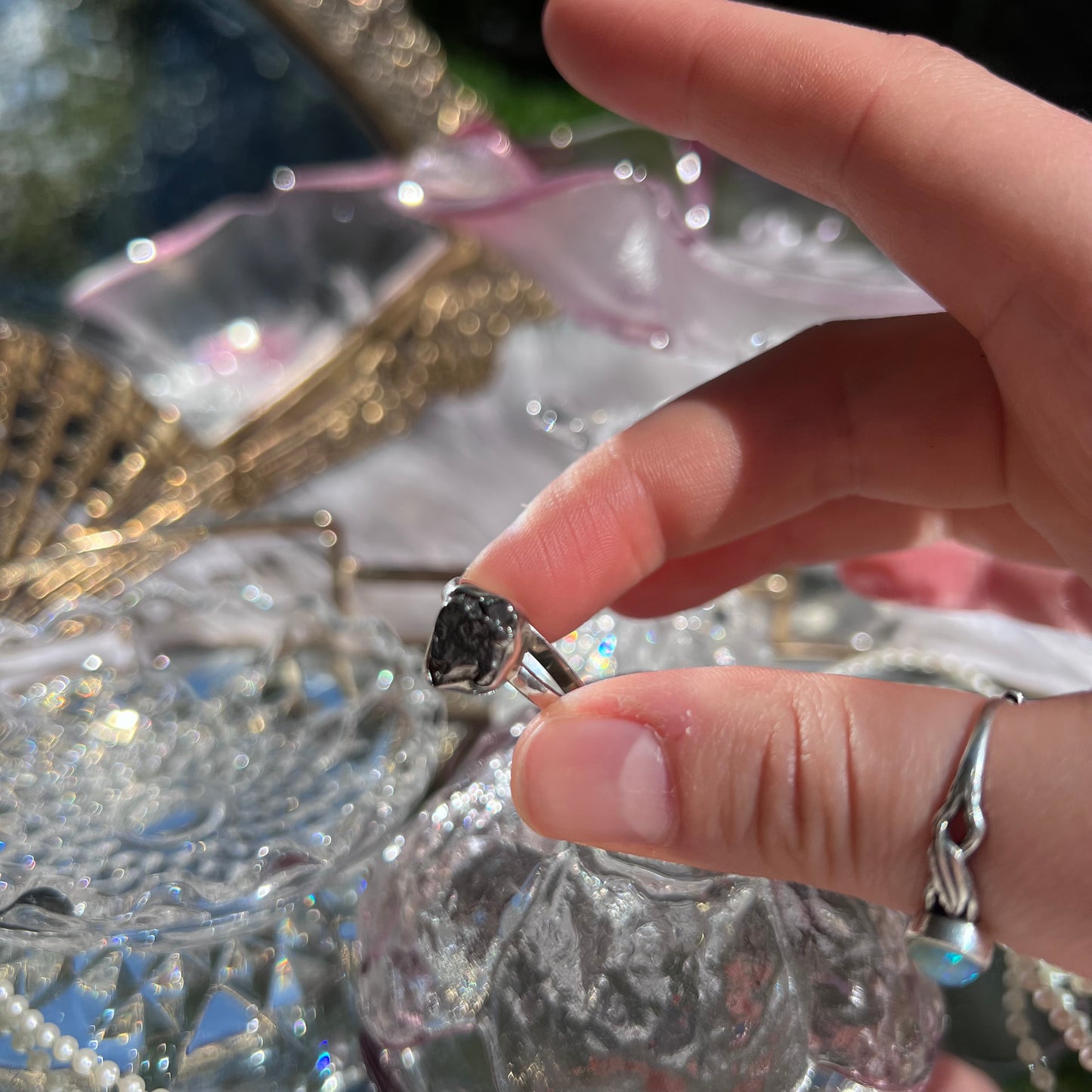 Campo del cielo Meteorite rare natural crystal ring from 📍Argentina 4.5Billion years old - 925silver - size UK P - US 8