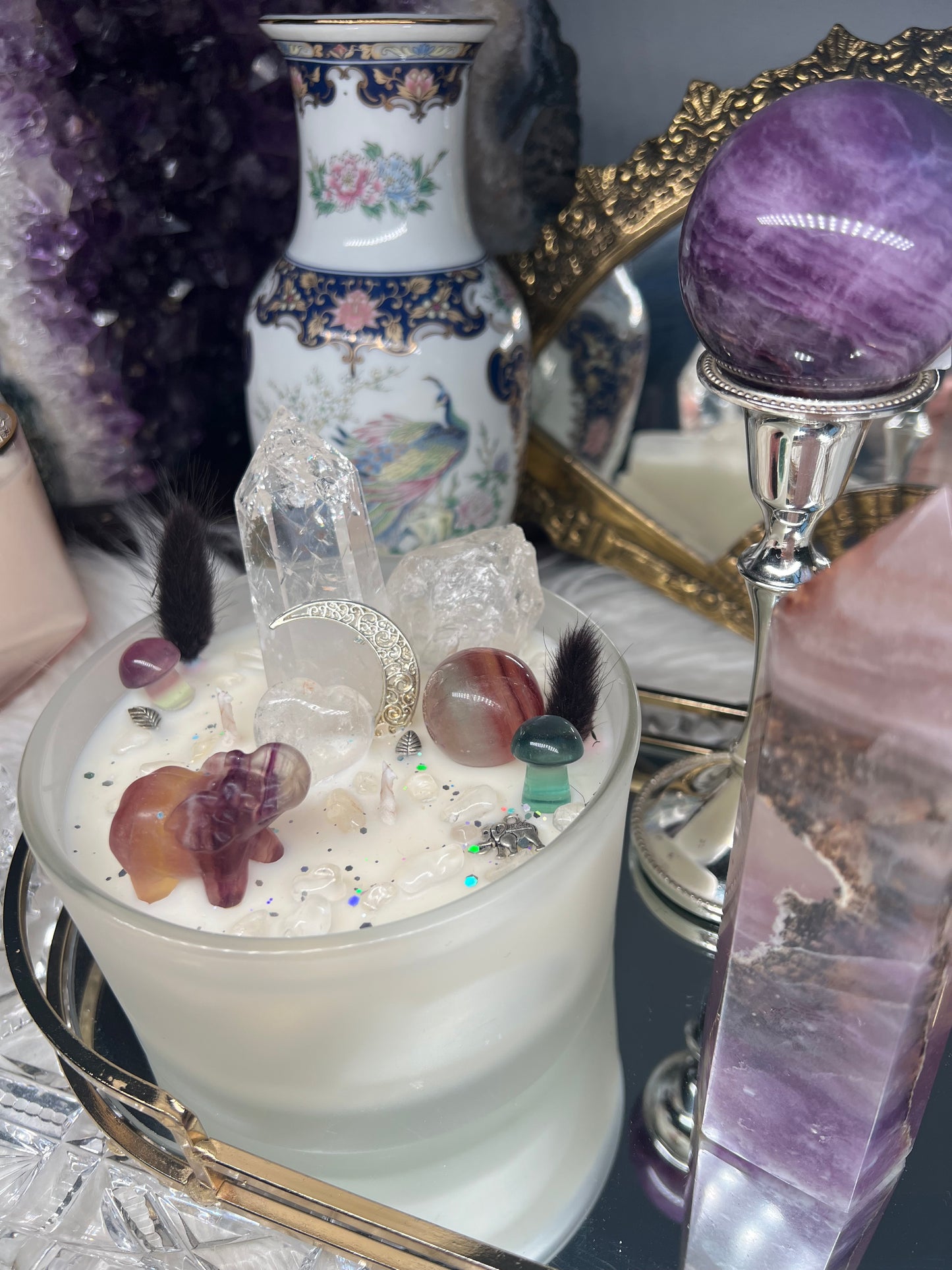 Mothers love fluorite & quartz crystal candle