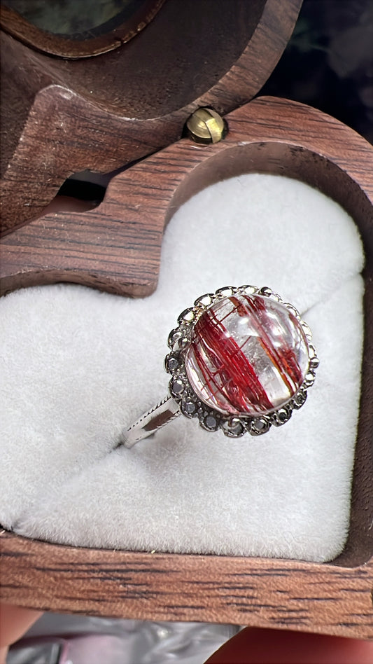 Rare Red rutile quartz vintage style 925silver adjustable ring