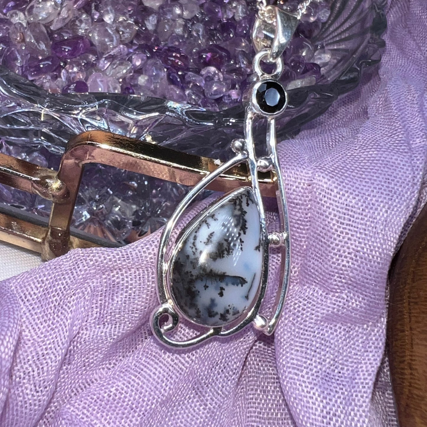 Faceted Black Onyx & Merlinite teardrop unique designed crystal 925silver pendant - statement necklace