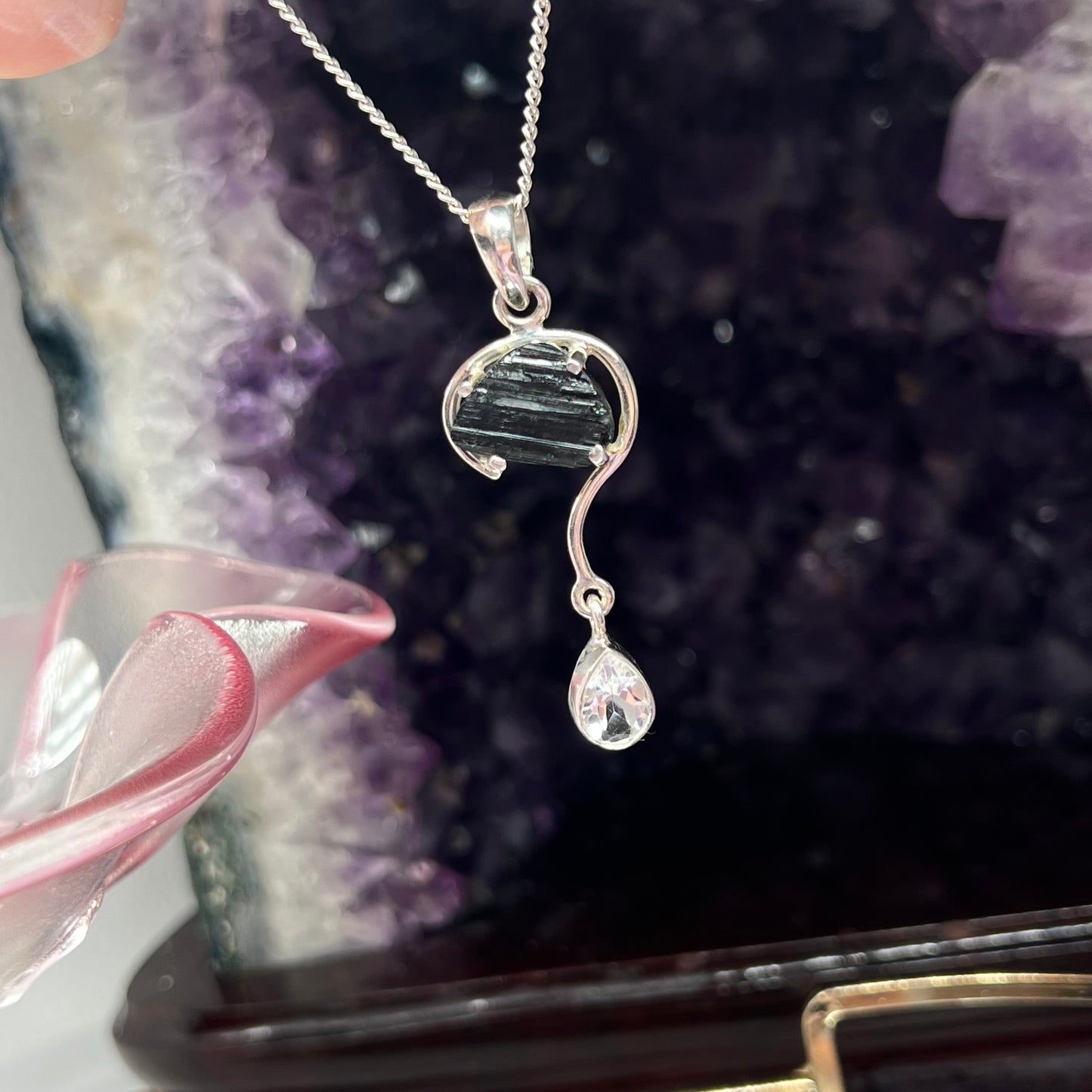 Black Tourmaline with faceted clear quartz teardrop droplet design Crystal pendant from 📍Brazil - 925silver