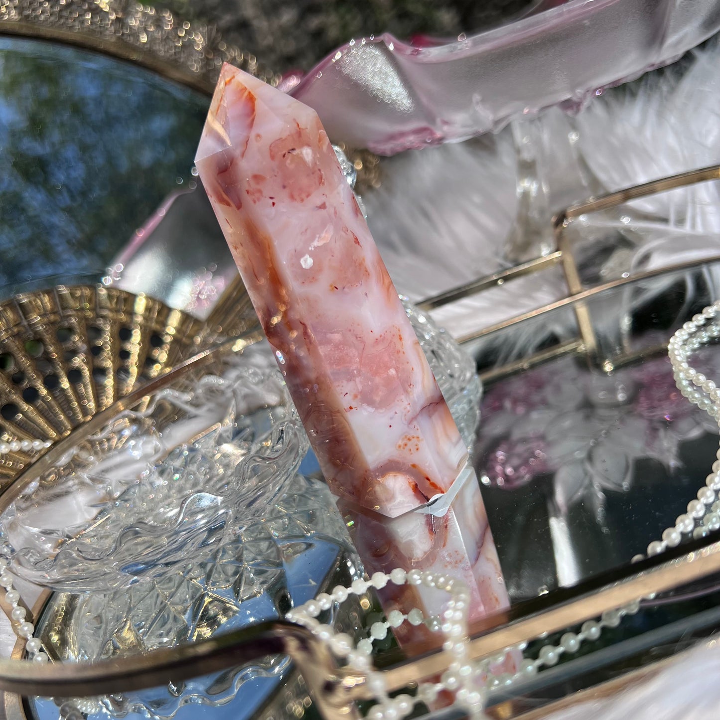 Pink Carnelian with Flower Agate & Blue Chalcedony inclusions crystal tower
