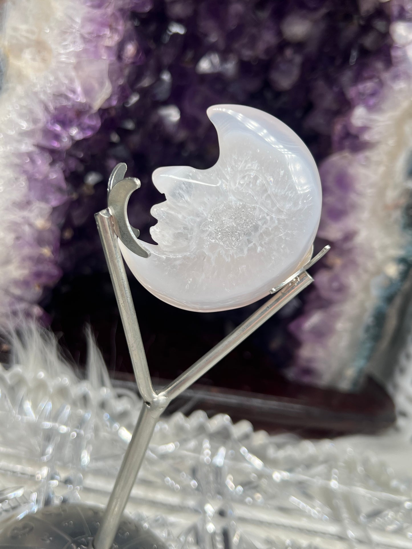 Druze quartz moon face carving