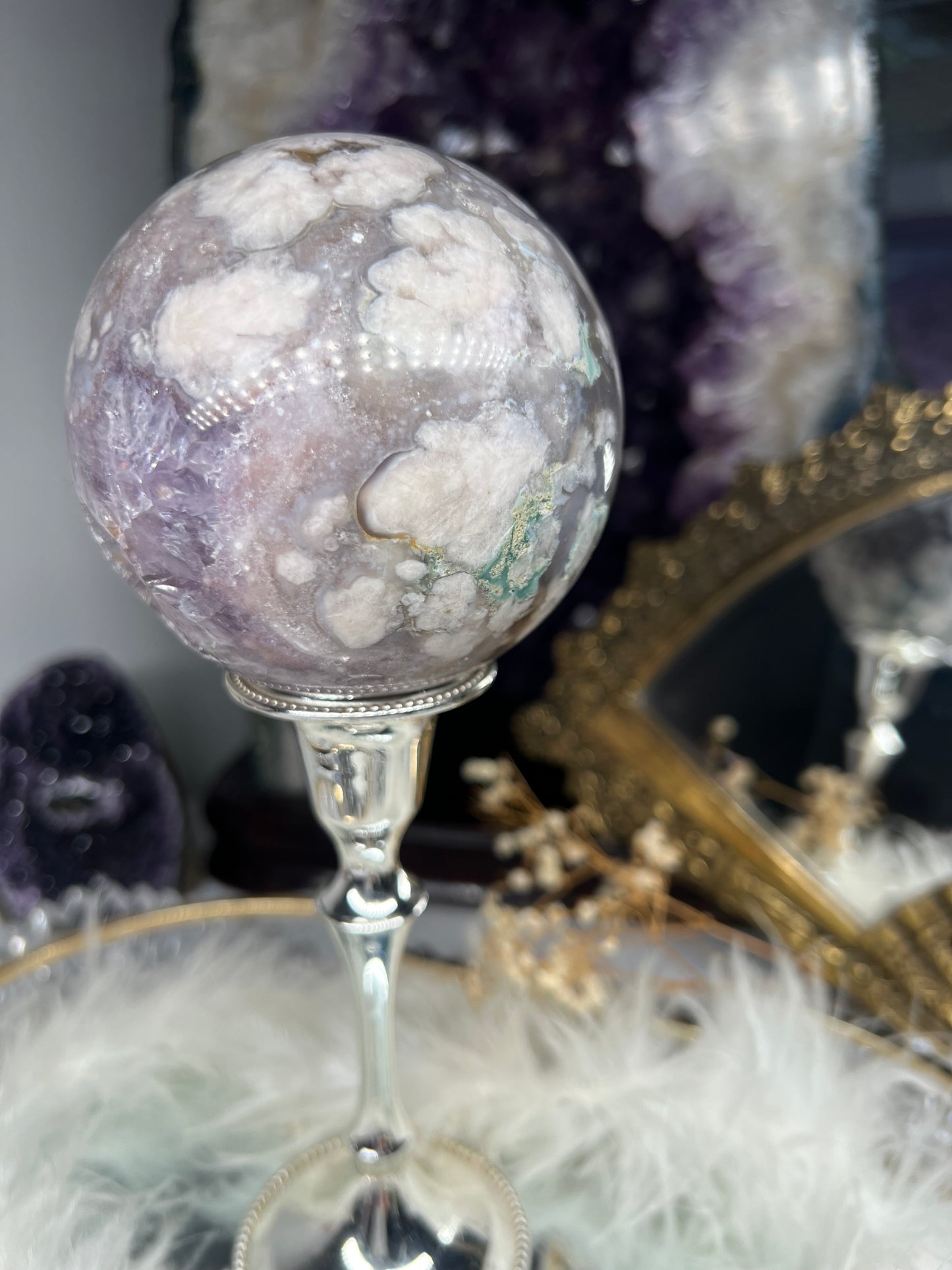 Pink amethyst, amethyst, black flower agate sphere