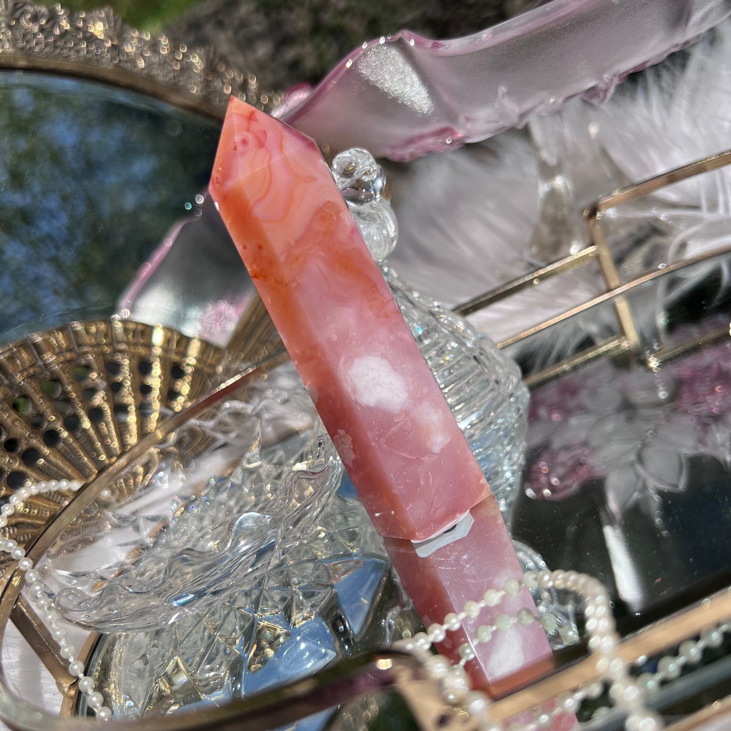 Pink Carnelian with Flower Agate inclusions crystal tower