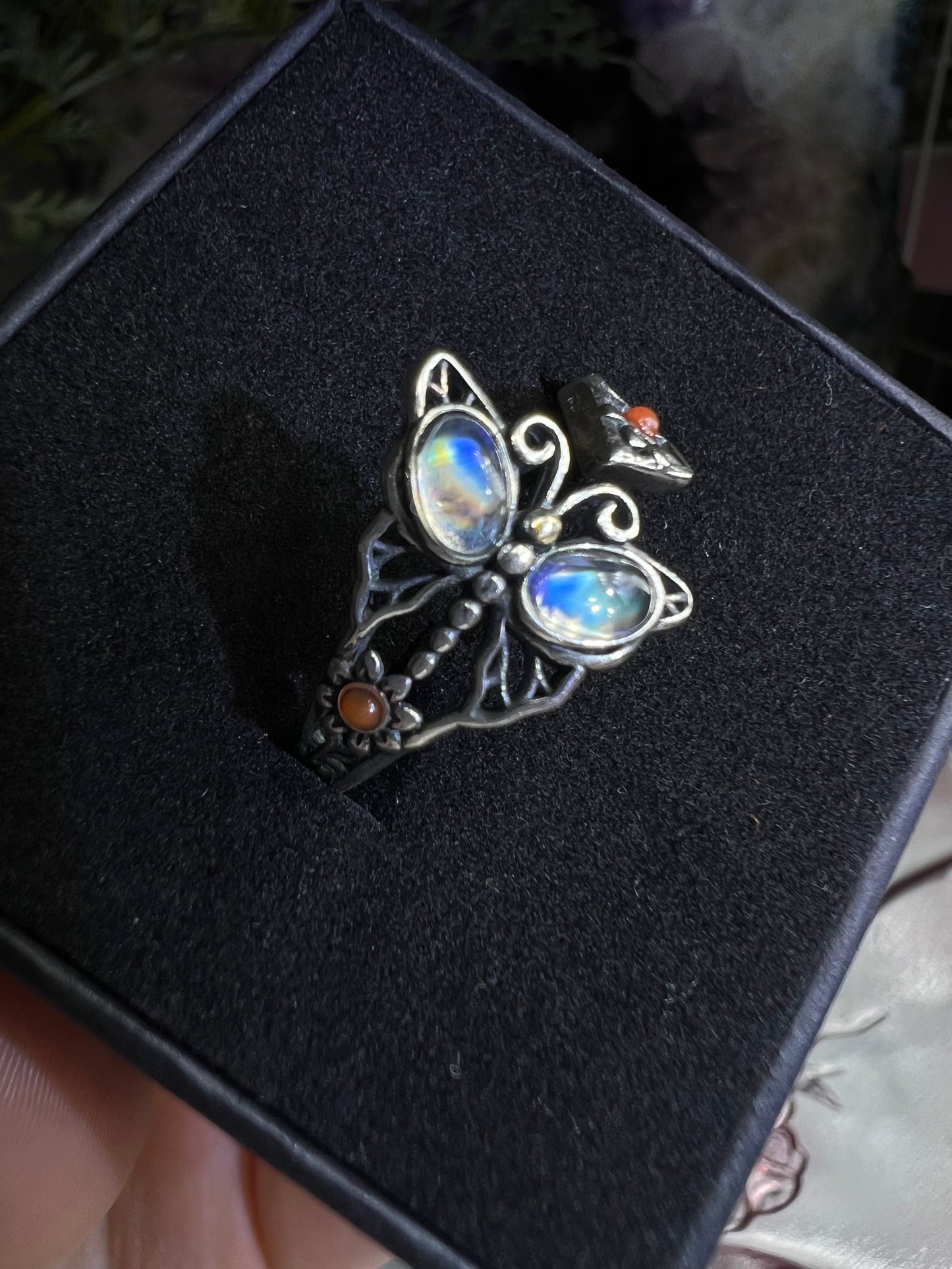 Rainbow moonstone 925silver butterfly style adjustable ring