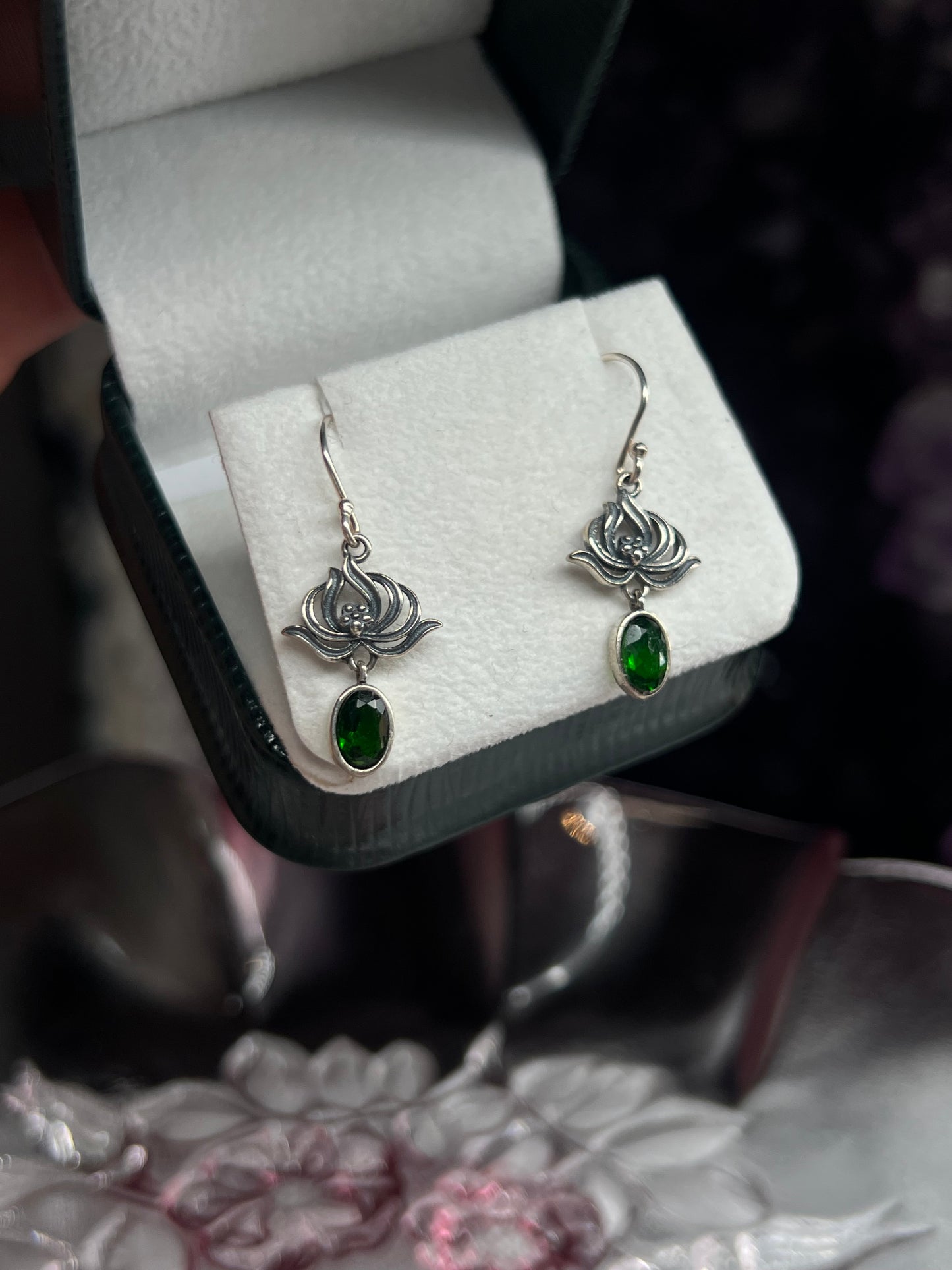 Diopside Faceted dangly lotus detailed earrings - 925 silver