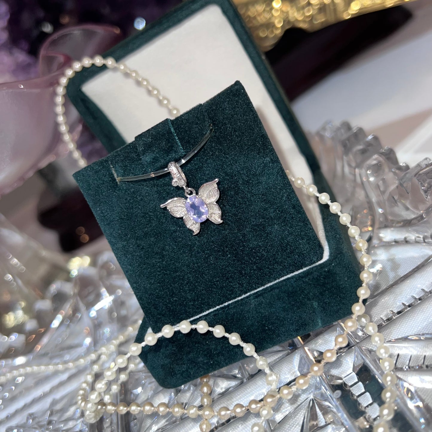 Lavender Moon Quartz butterfly design with faceted gemstone pendant - 925 sterling silver