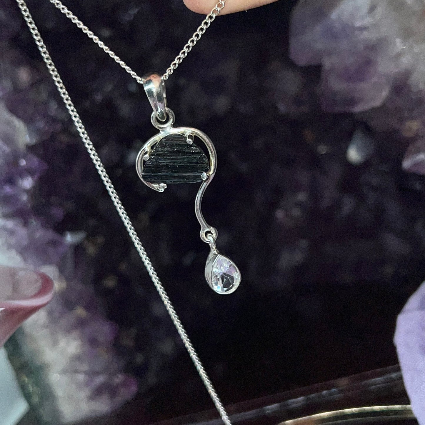 Black Tourmaline with faceted clear quartz teardrop droplet design Crystal pendant from 📍Brazil - 925silver