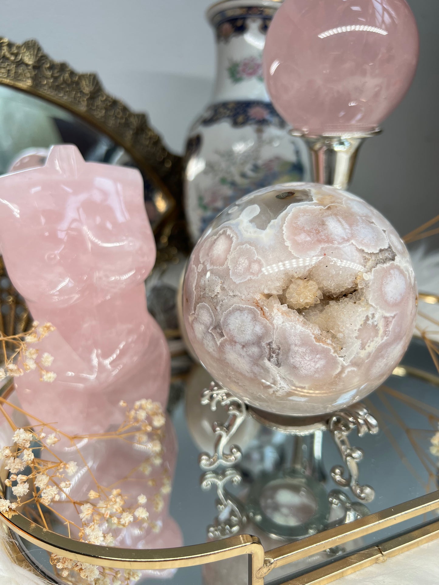 Pink amethyst flower orbicular agate sphere with quartz & sparkly quartz inclusions