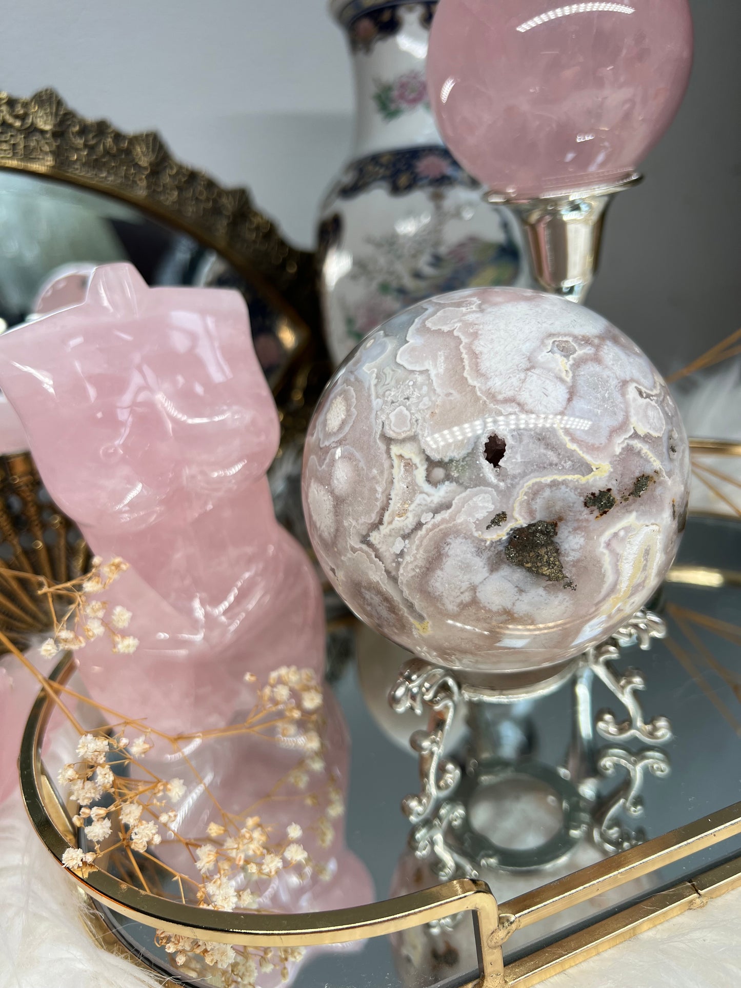 Pink amethyst flower orbicular agate sphere with quartz & sparkly quartz inclusions