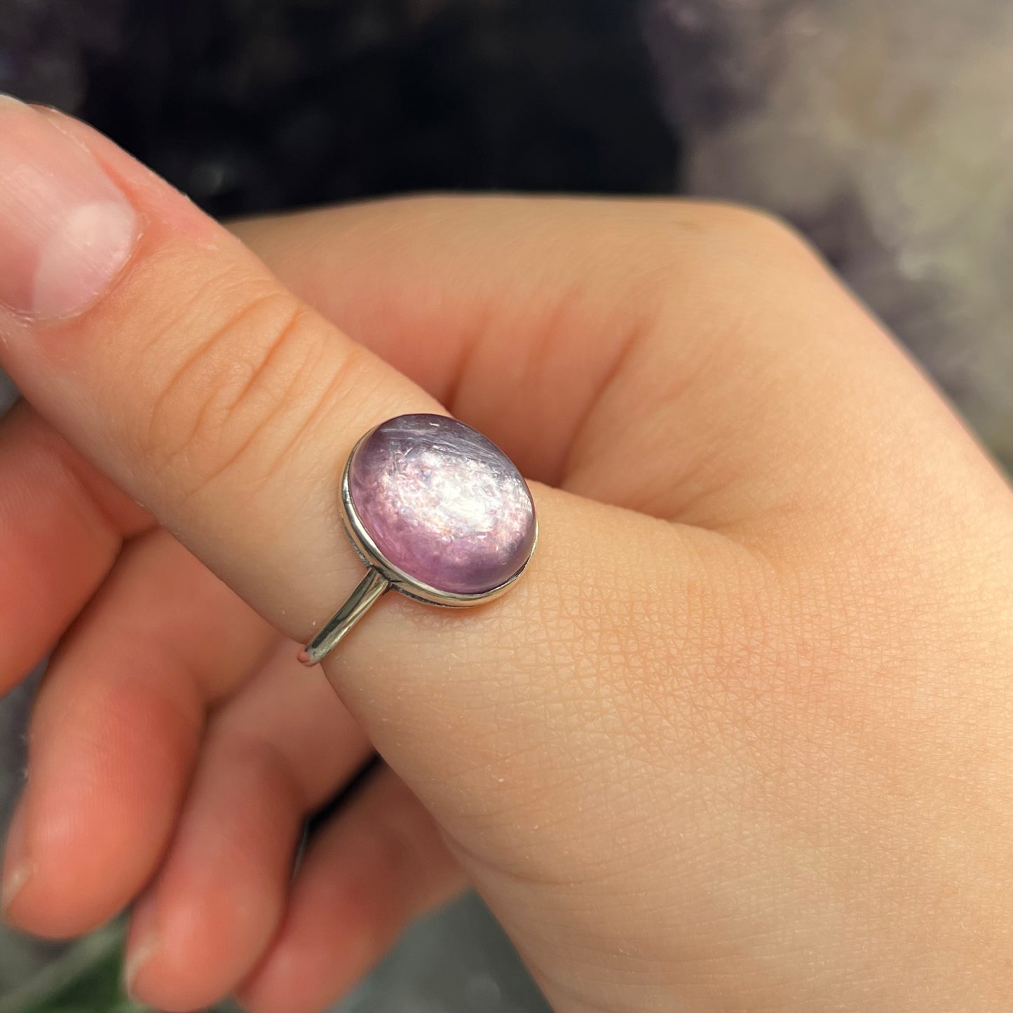 Lithium mica lepidolite 925silver ajustable ring #A