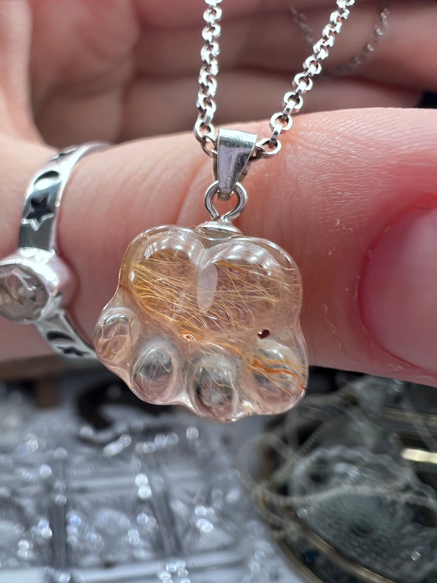 Golden Rutile in Quartz pet paw carved 925 silver pendant necklace
