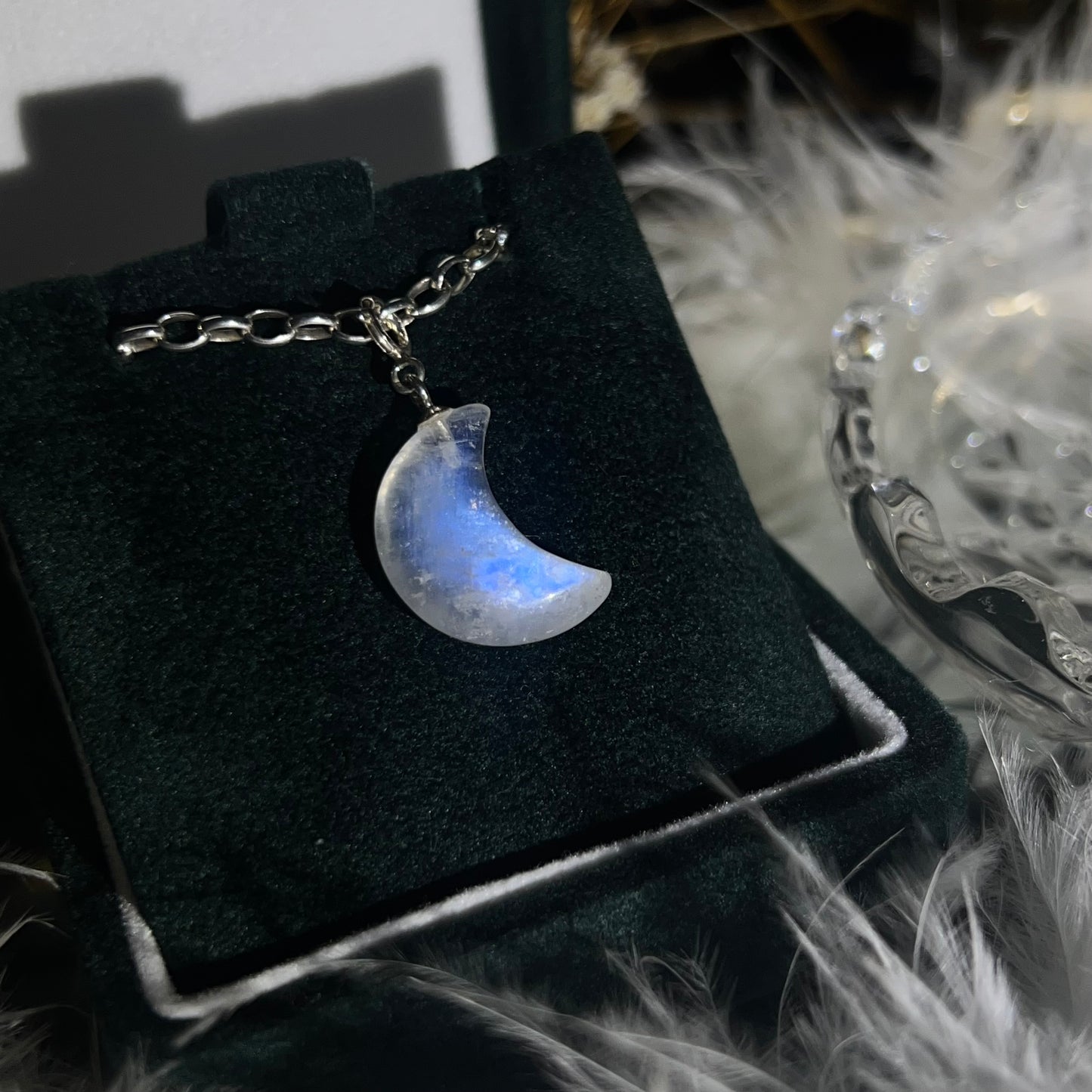 Rainbow moonstone 925silver moon charm #C