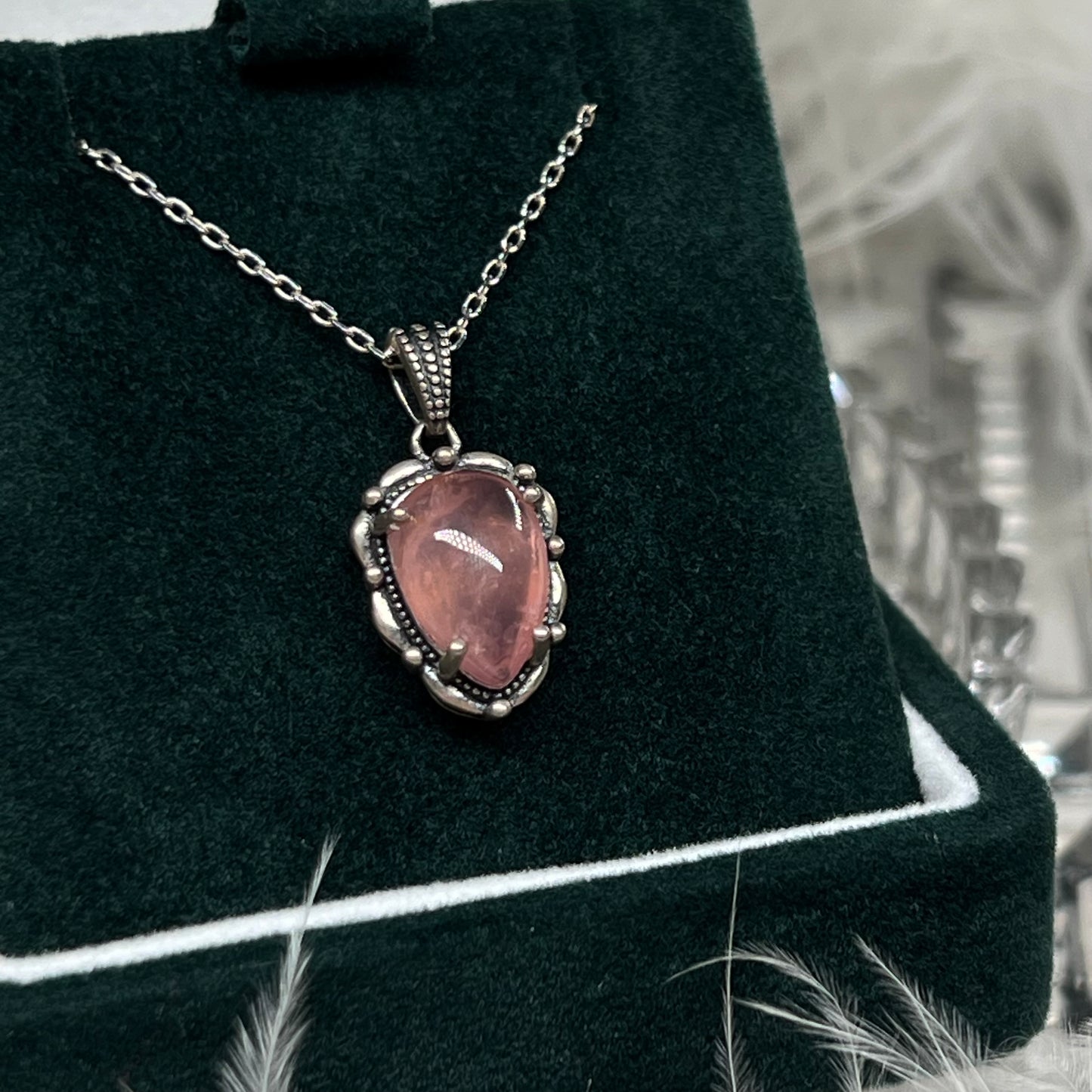 Rose quartz 925silver vintage style pendant