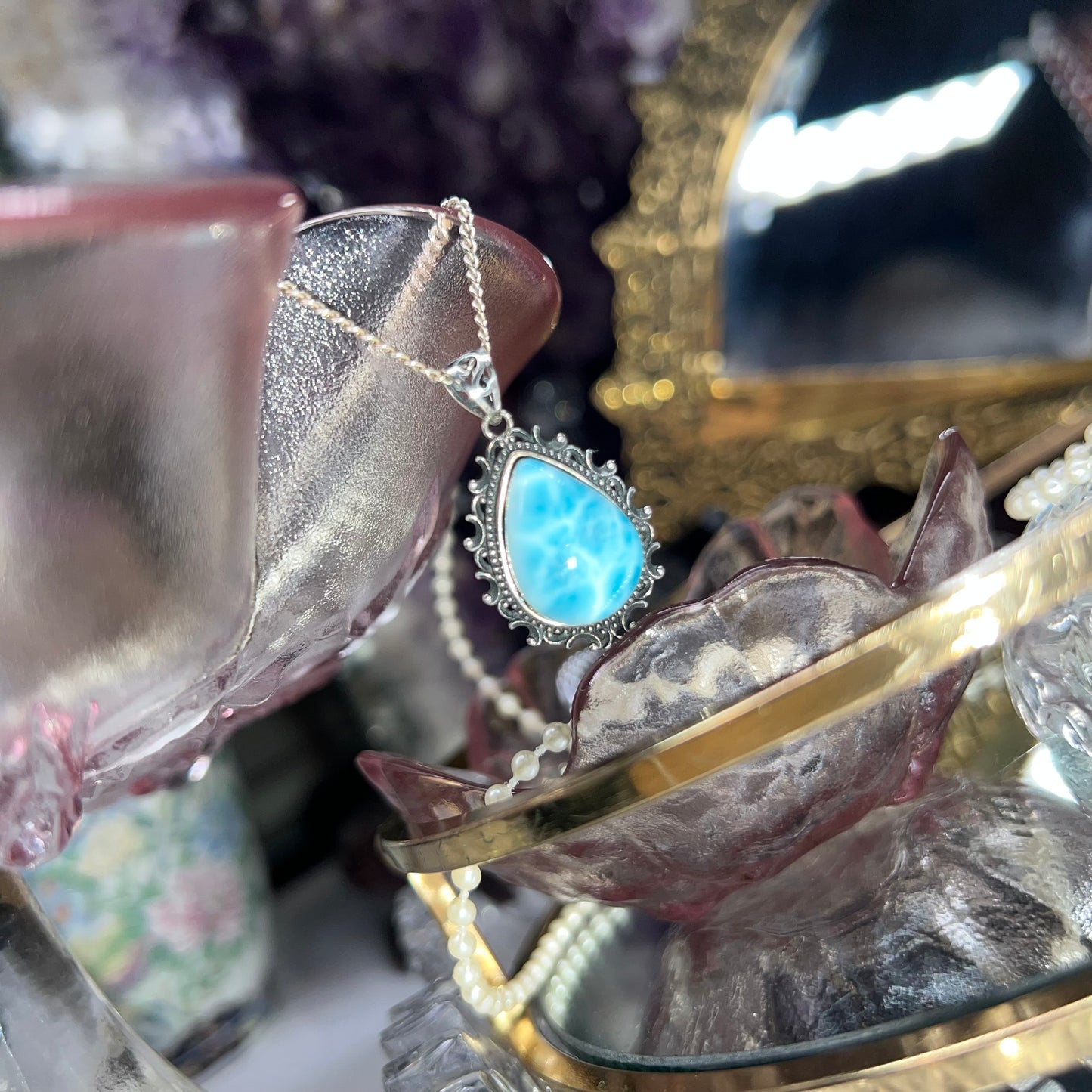 Larimar teardrop shape vintage style pendant necklace - 925 silver