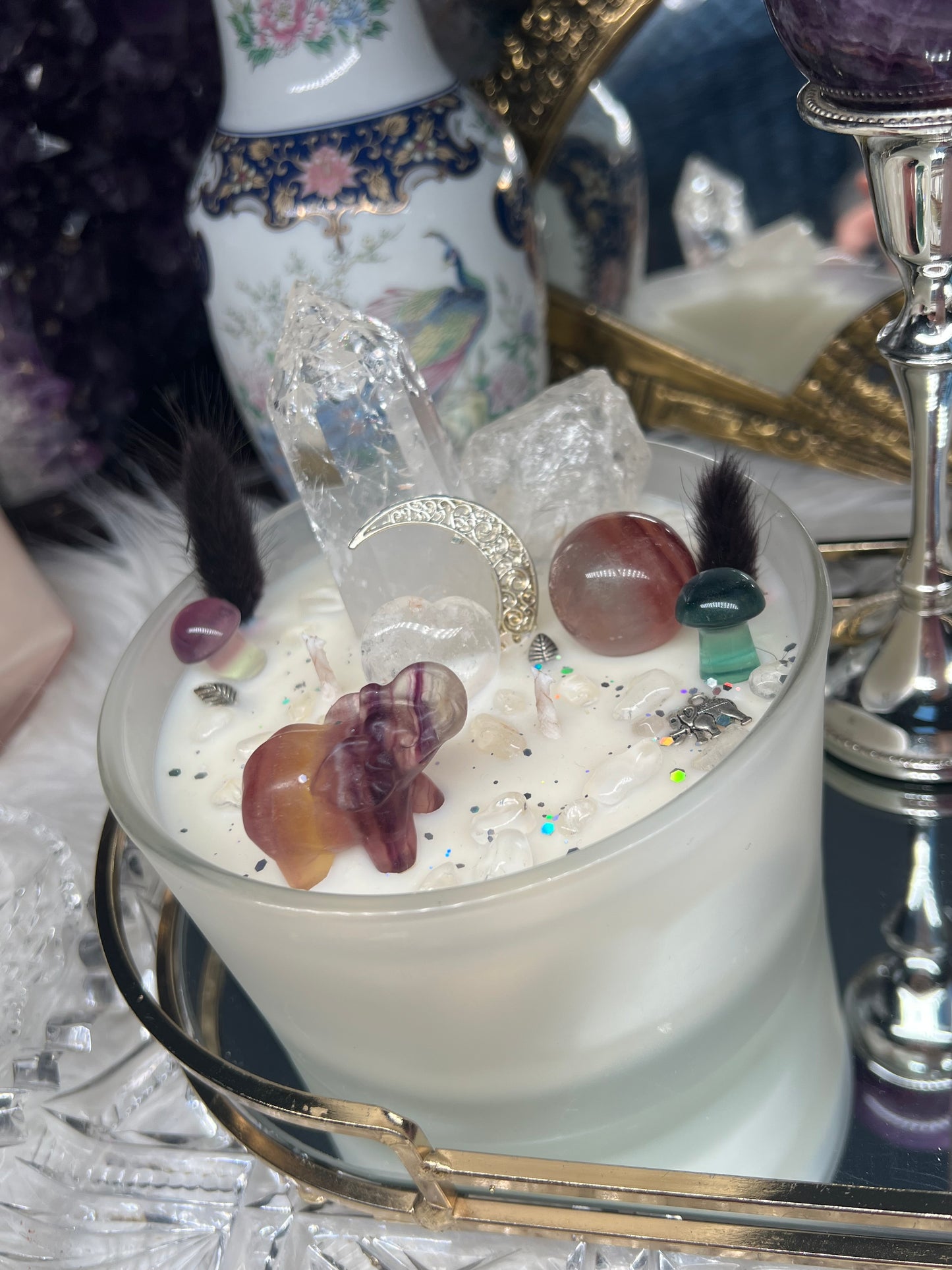 Mothers love fluorite & quartz crystal candle