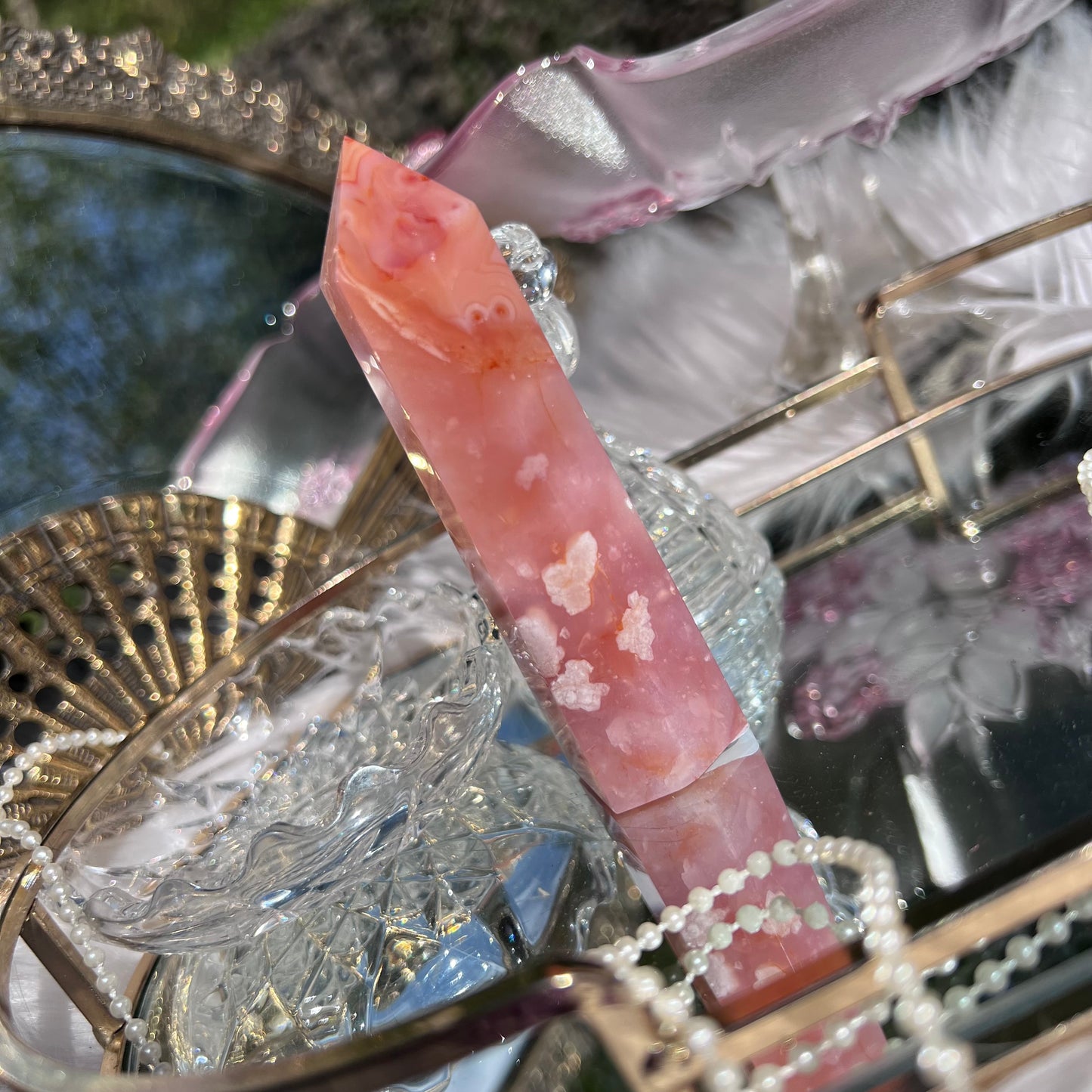 Pink Carnelian with Flower Agate inclusions crystal tower