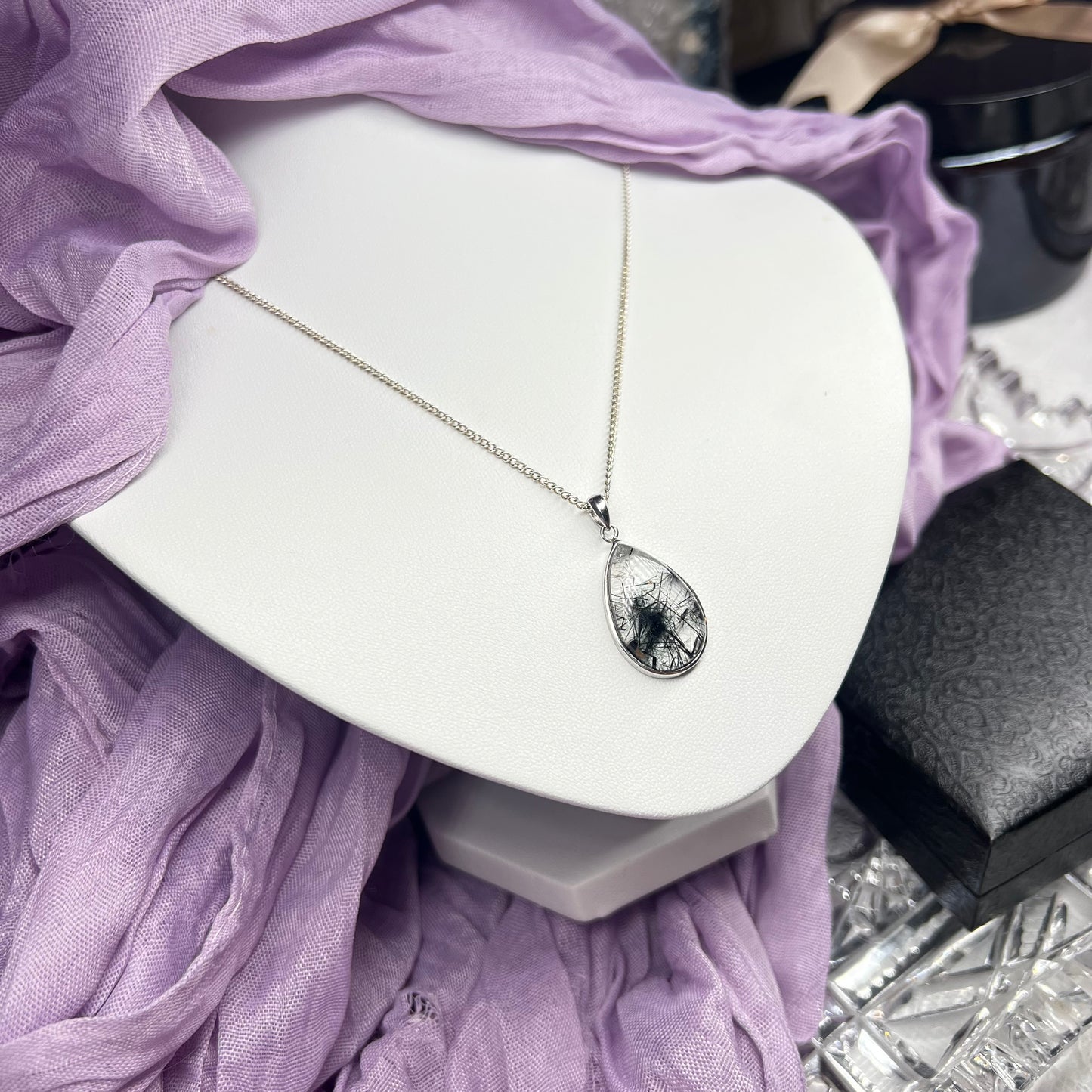 Black Tourmaline in Quartz 925silver teardrop shape pendant