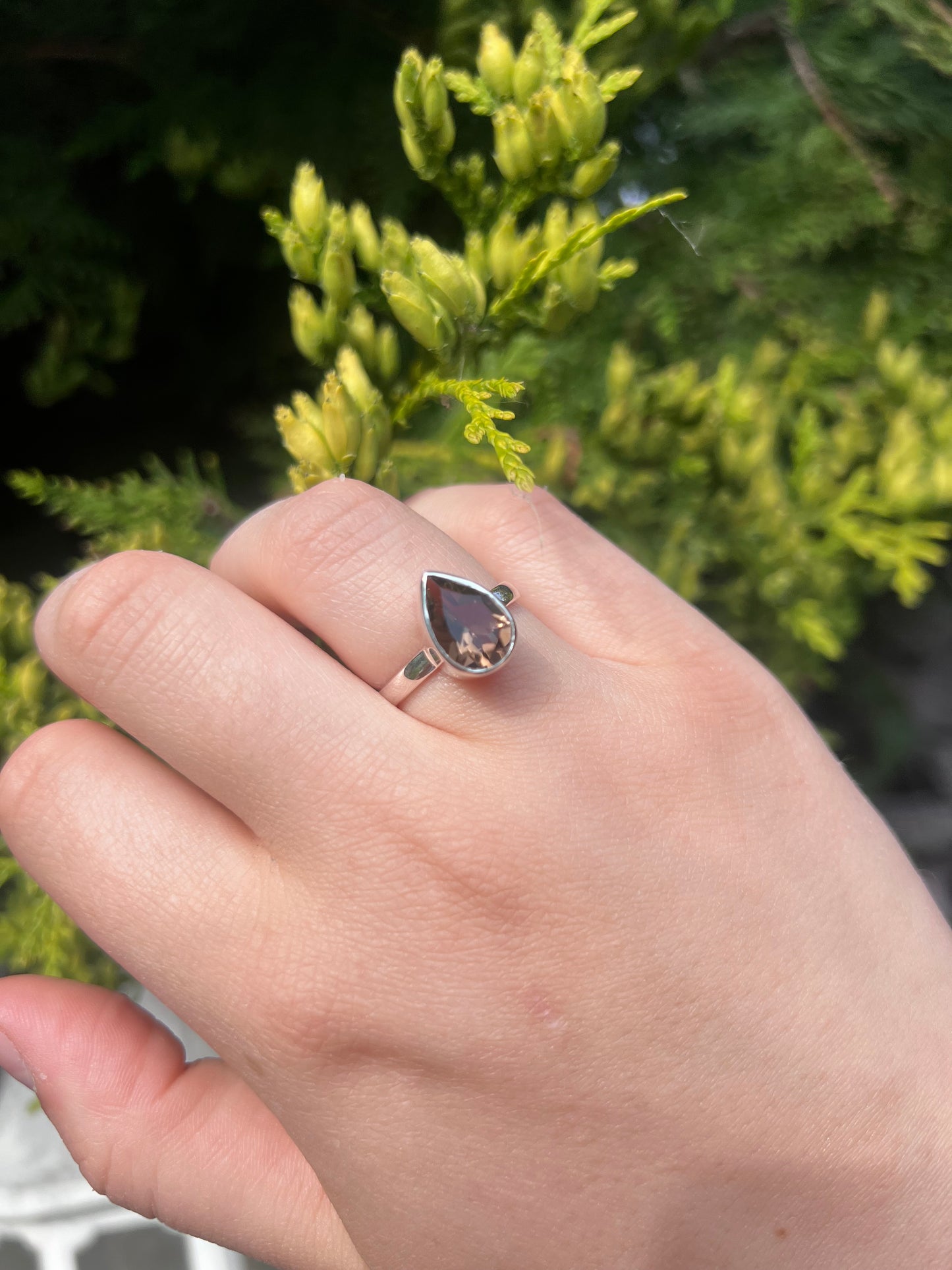 Smokey Quartz faceted teardrop Ring size 9 - 925 silver