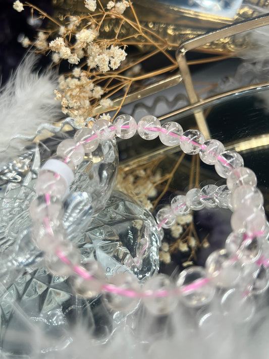 Pink lodalite / Light Pink quartz with white garden inclusions 9mm bracelet