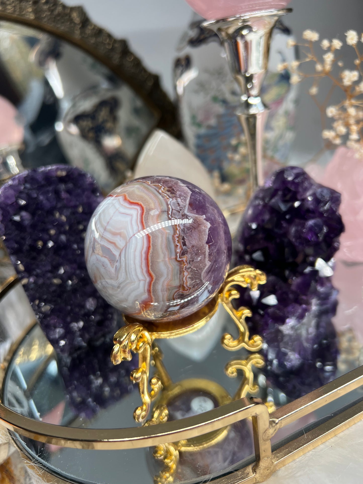 Mexican crazy lace agate with amethyst sphere