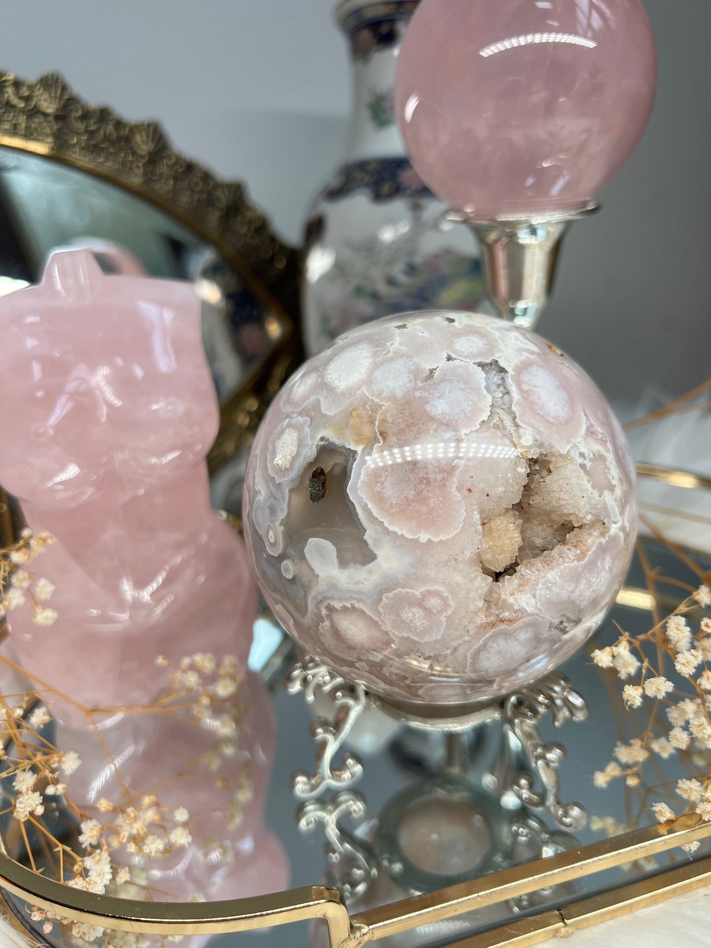 Pink amethyst flower orbicular agate sphere with quartz & sparkly quartz inclusions