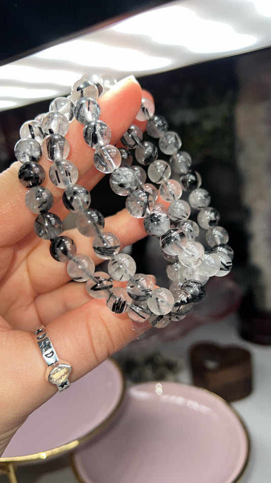 Black tourmaline in quartz high grade beaded bracelet 8.5mm