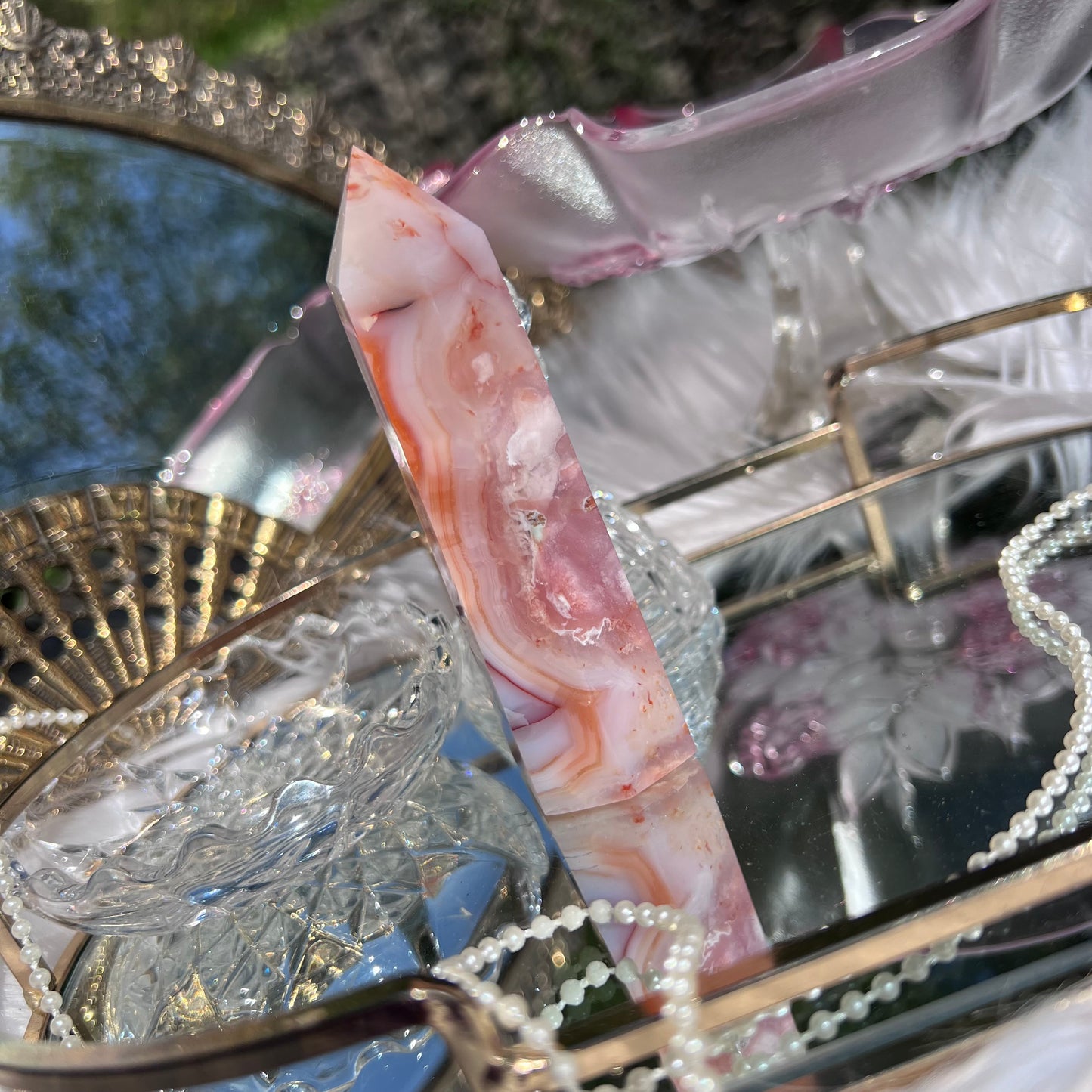 Pink Carnelian with Flower Agate & Blue Chalcedony inclusions crystal tower