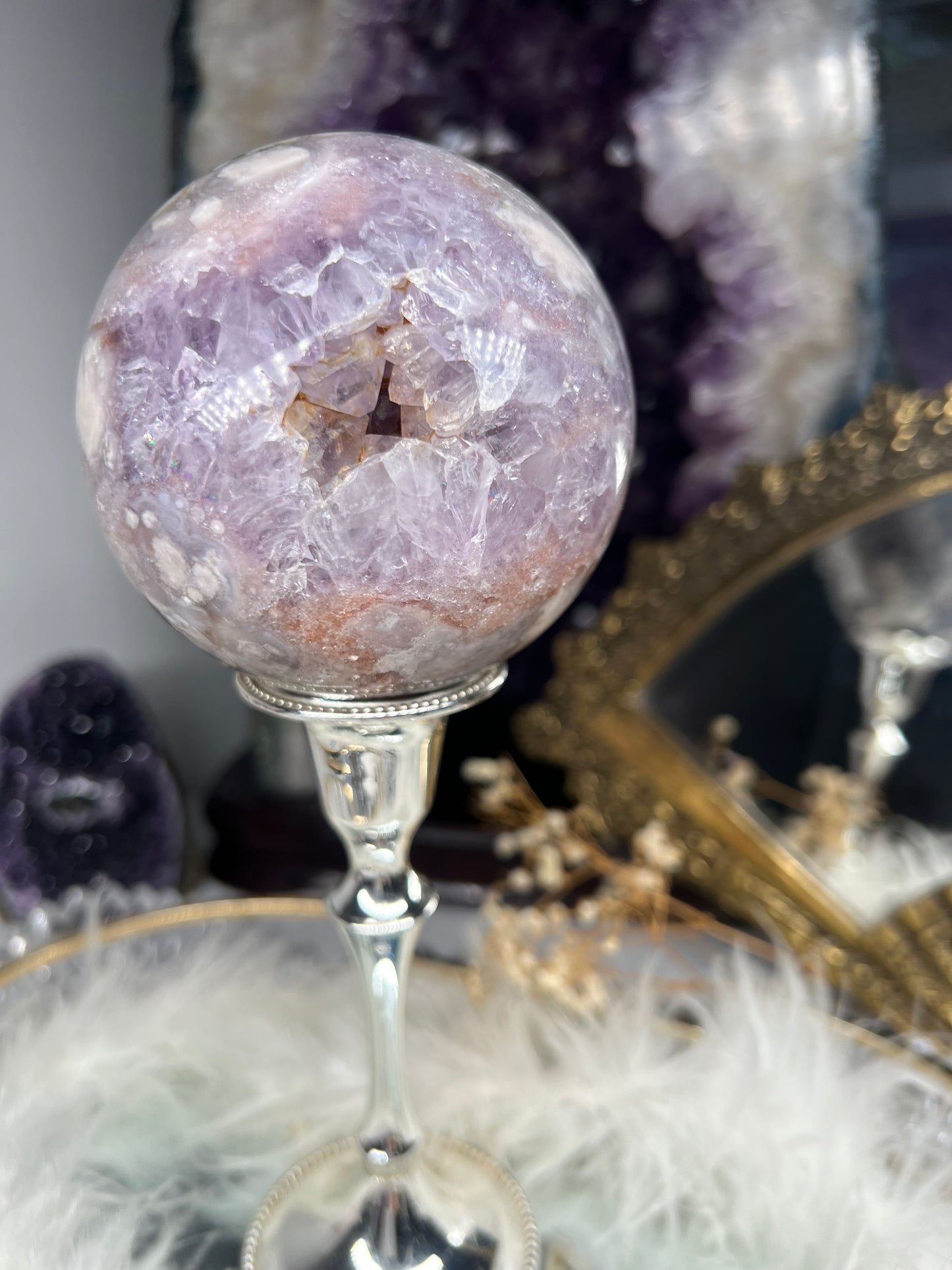 Pink amethyst, amethyst, black flower agate sphere