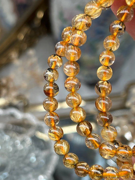 Golden rutile quartz beaded necklace / triple stack bracelet 5.7mm