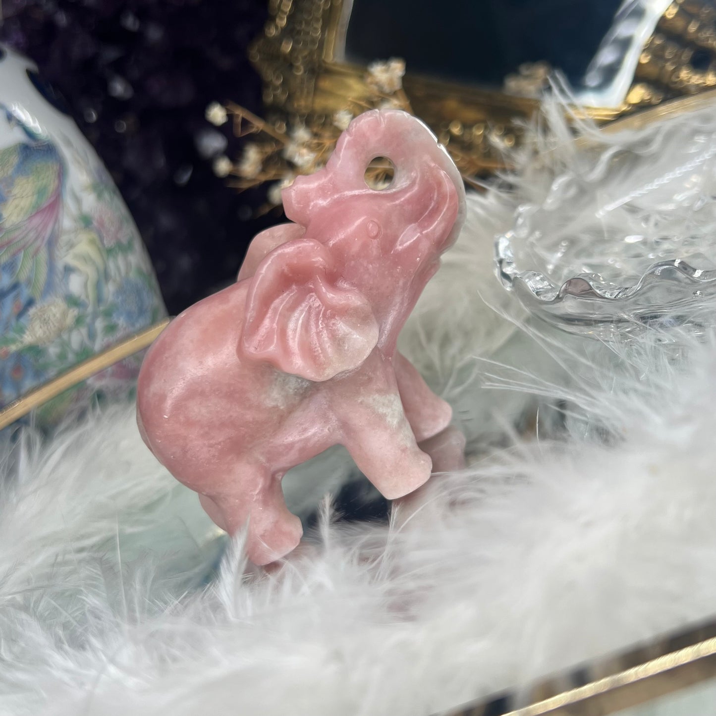 Pink opal elephant carving