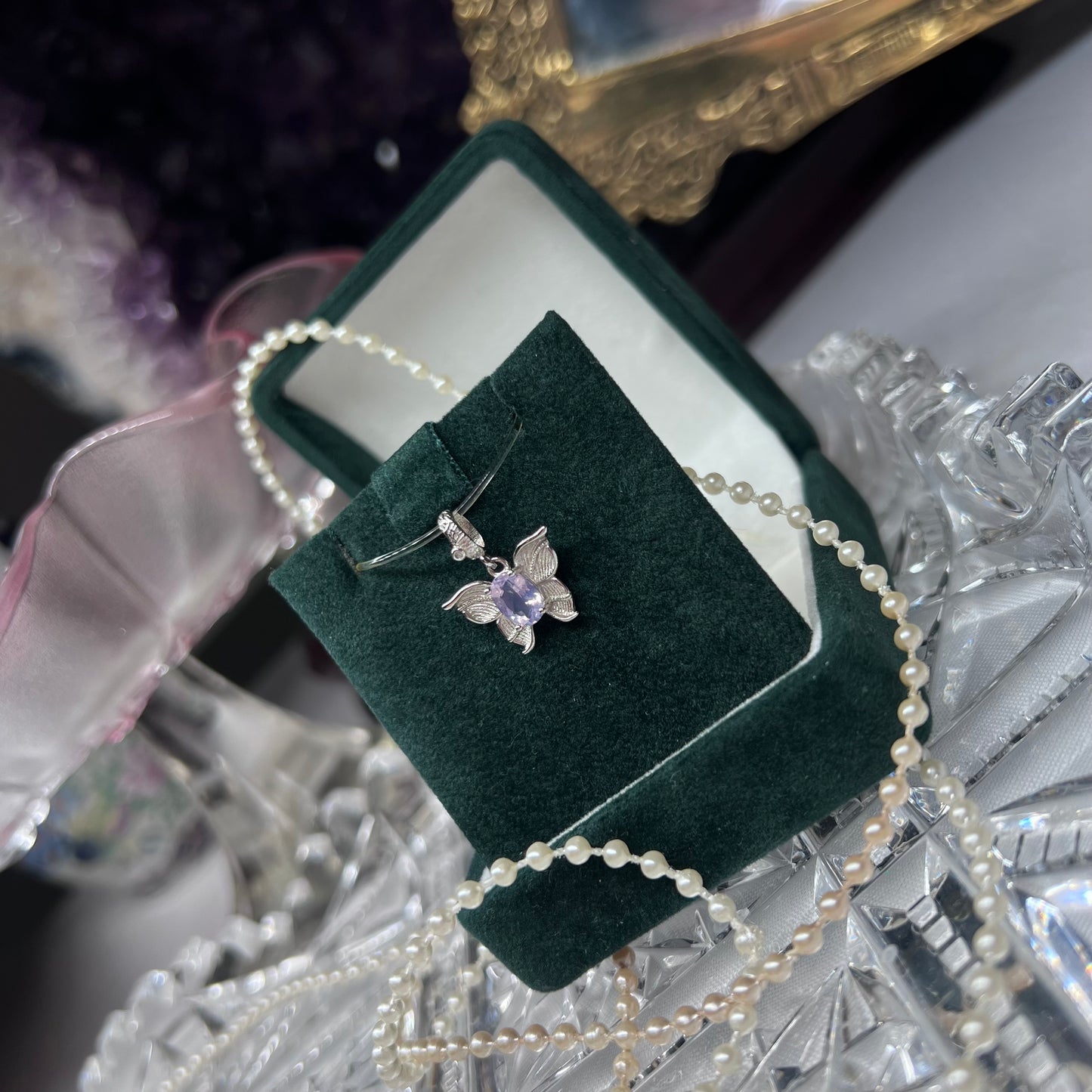 Lavender Moon Quartz butterfly design with faceted gemstone pendant - 925 sterling silver
