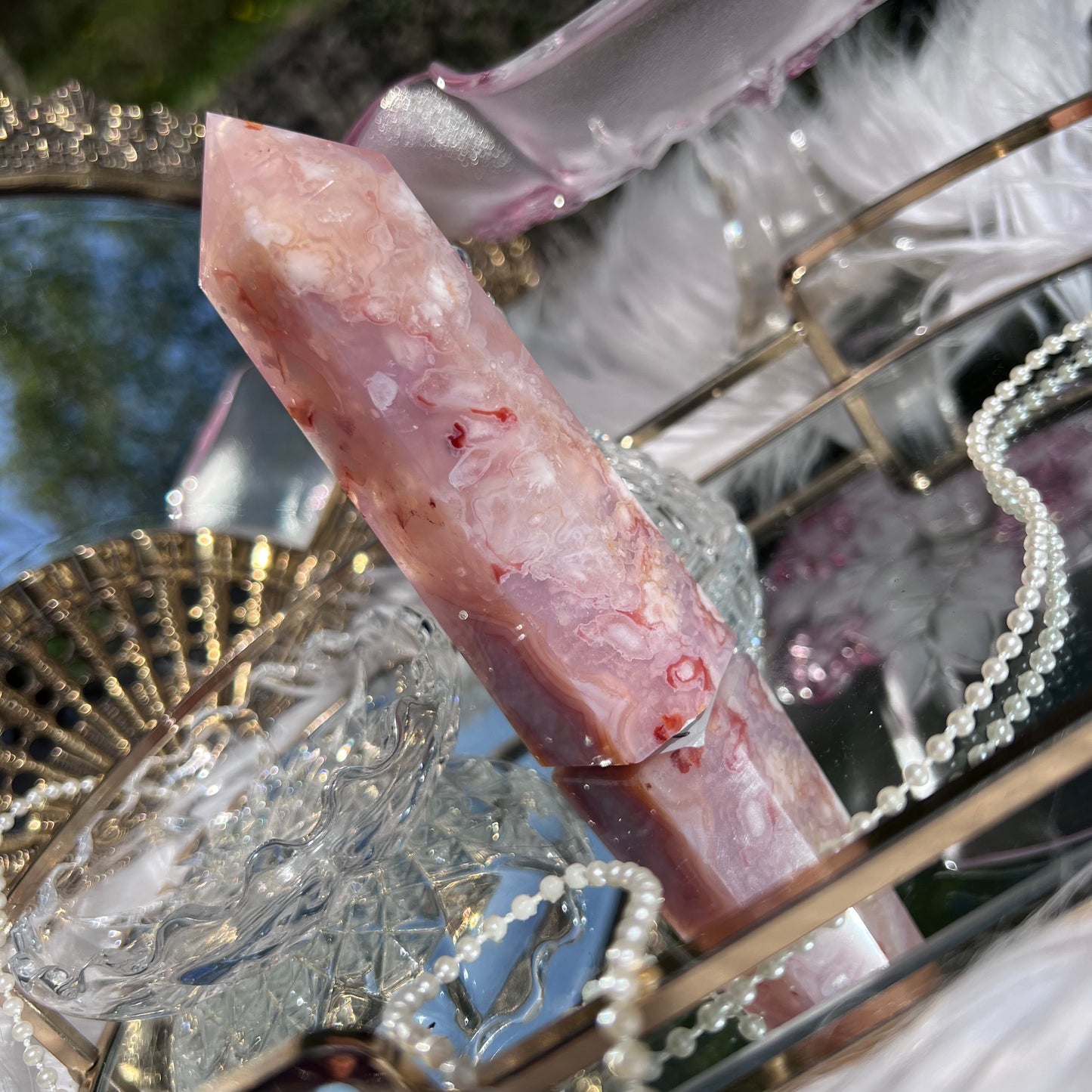 Pink Carnelian with flower agate & mineral inclusions