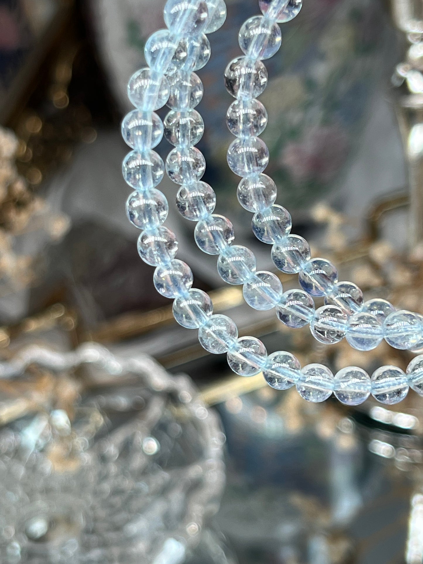 Aquamarine beaded necklace / triple stack bracelet 5.2mm