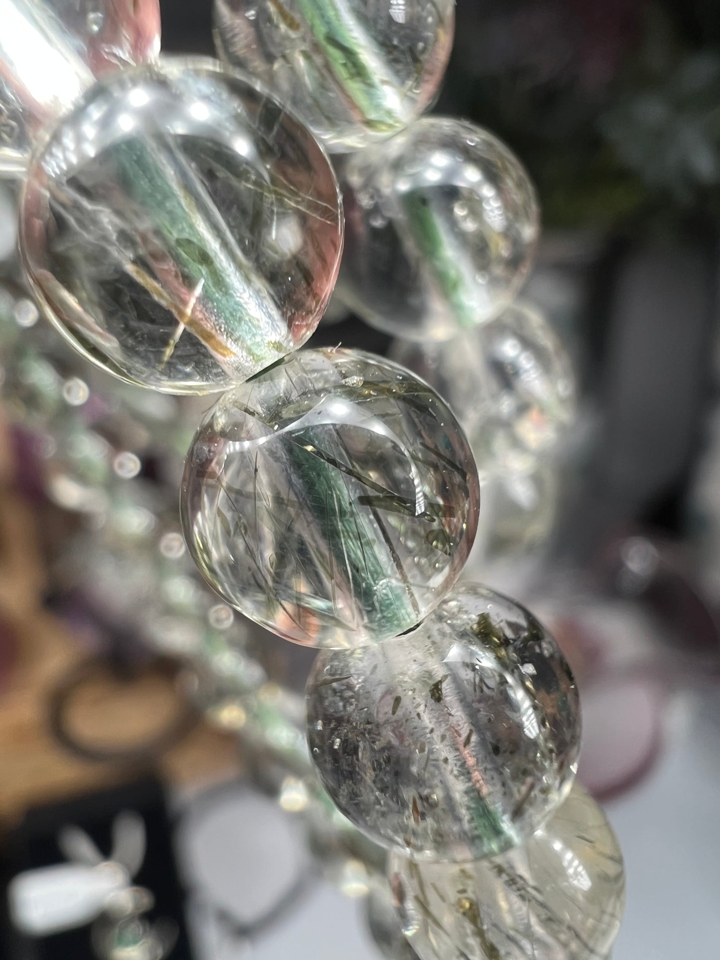 Green Rutile in Quartz Crystal beaded bracelet - 7.9mm