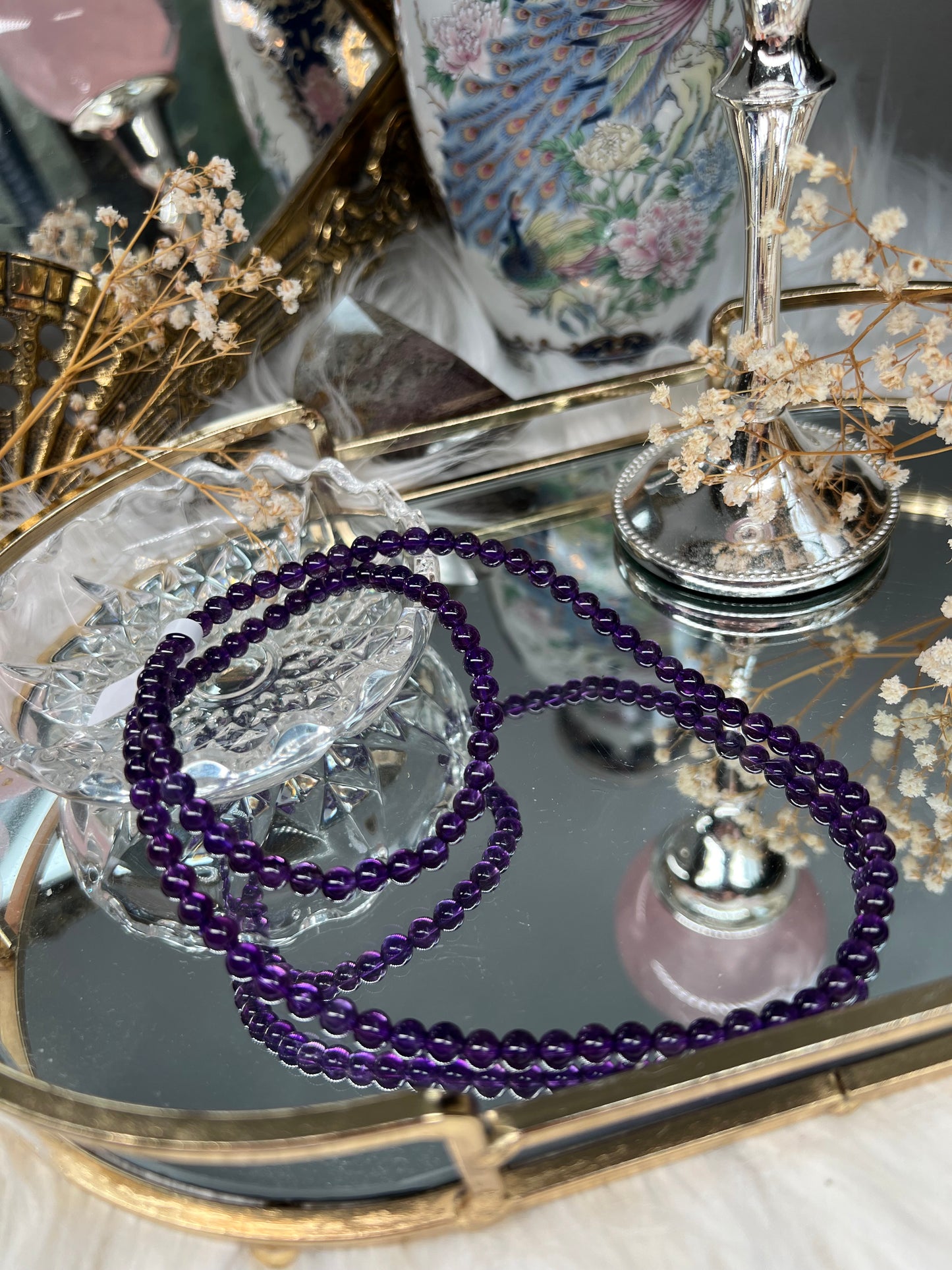 Amethyst beaded necklace / triple stack bracelet