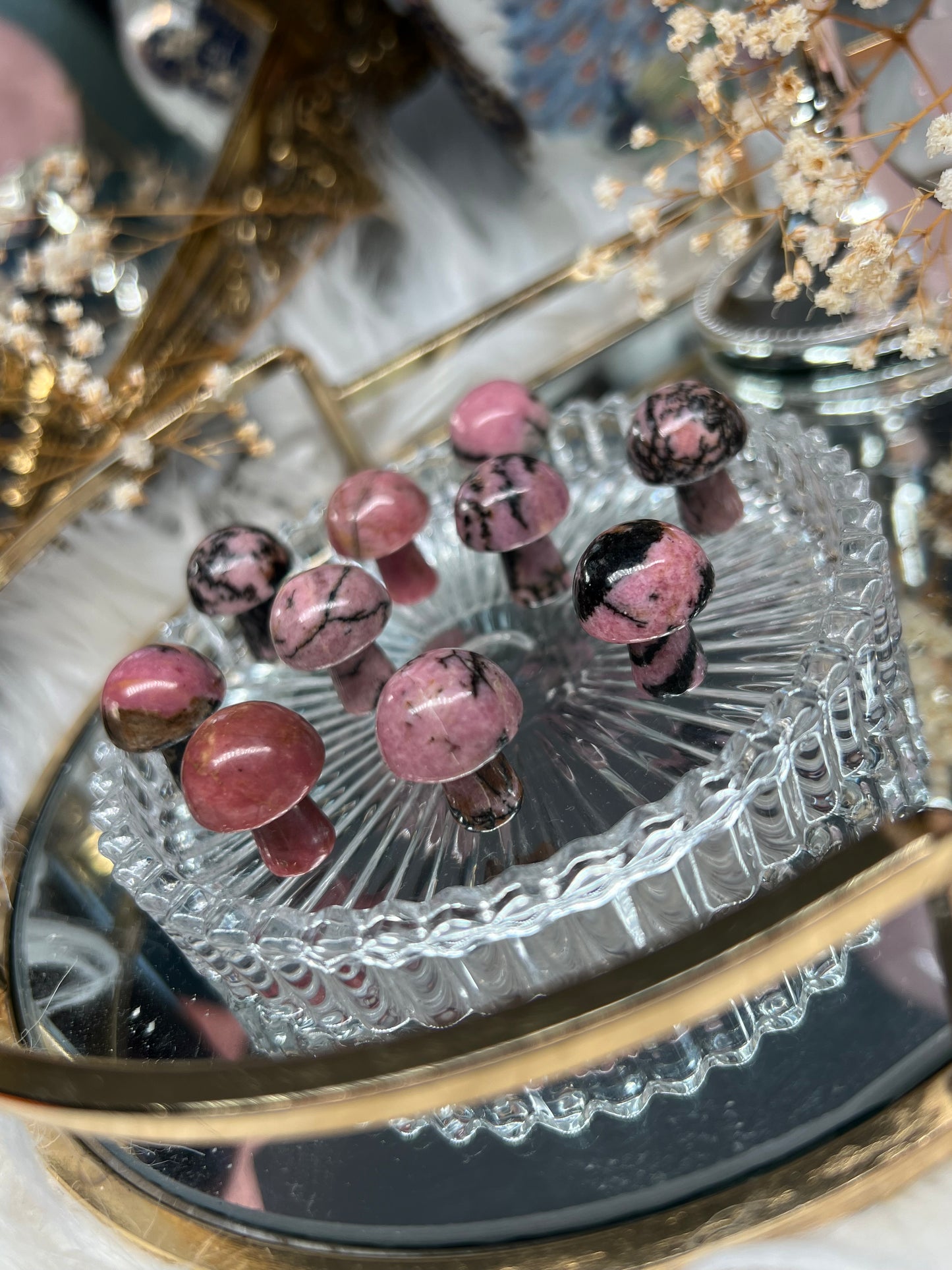 Pink Rhodonite mini mushroom carving