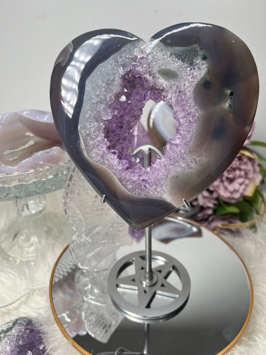 Amethyst & agate with moss agate inclusions sparkly heart with metal stand