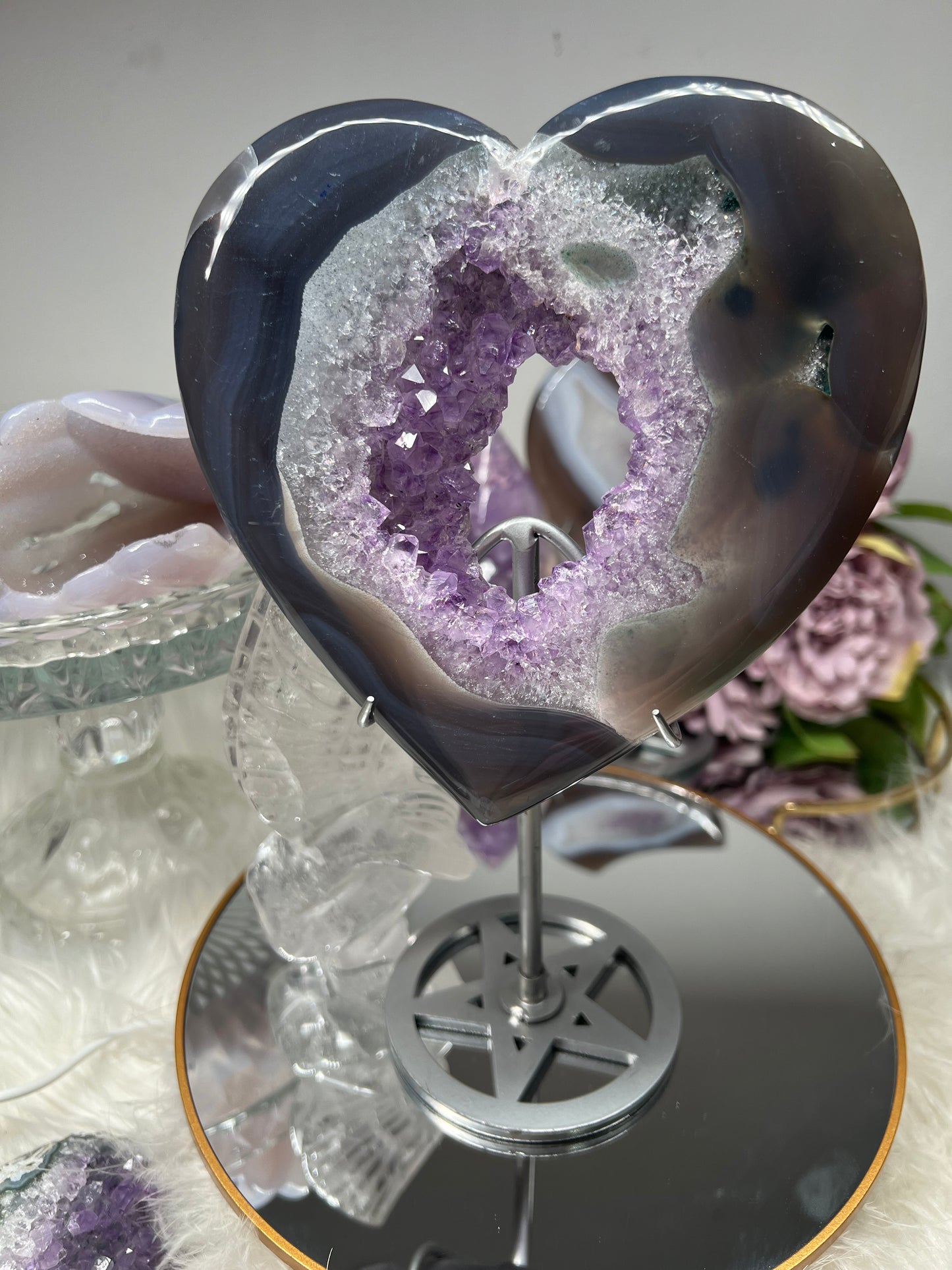 Amethyst & agate with moss agate inclusions sparkly heart with metal stand