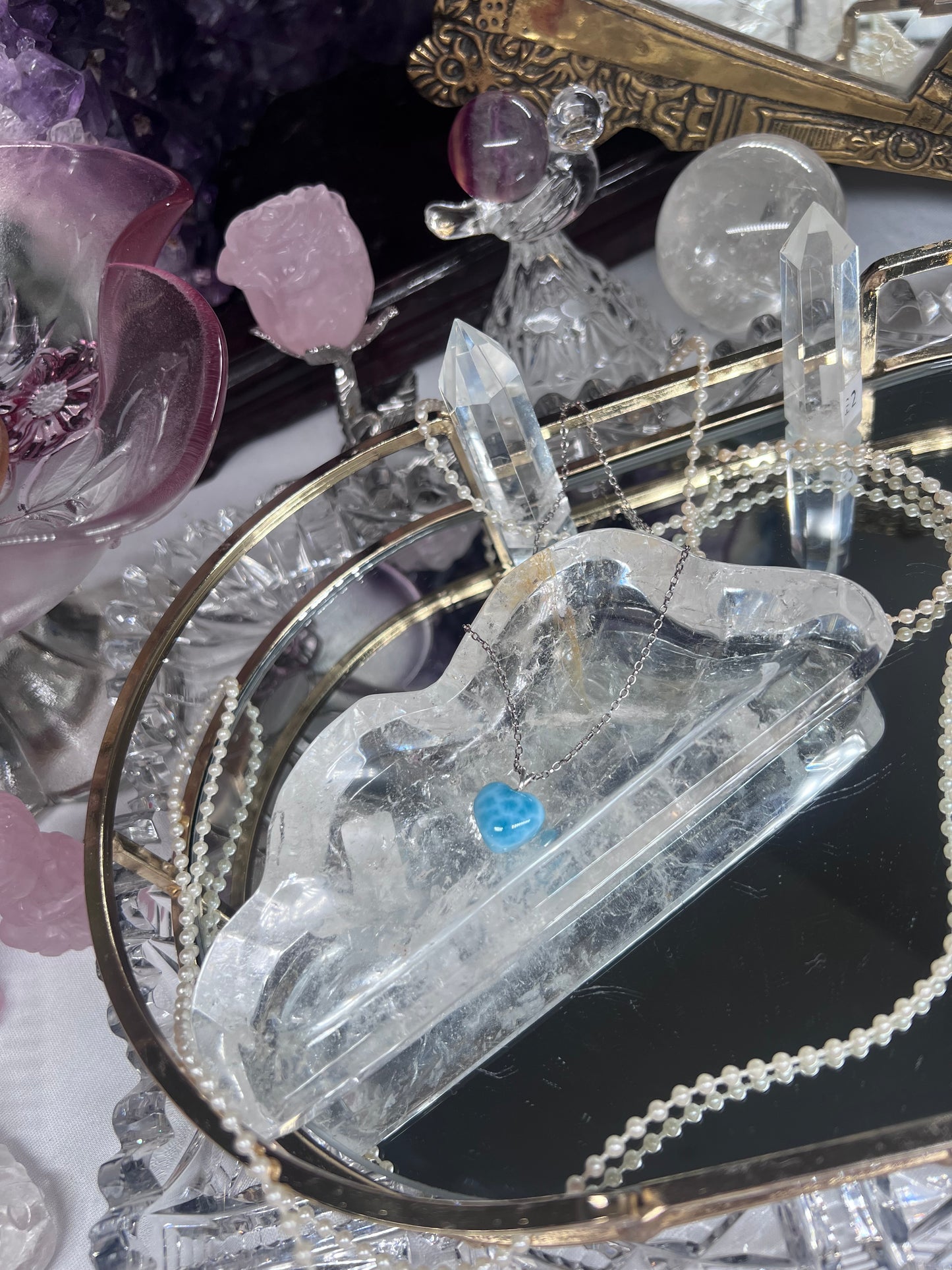 Larimar Heart carved crystal 925silver pendant necklace