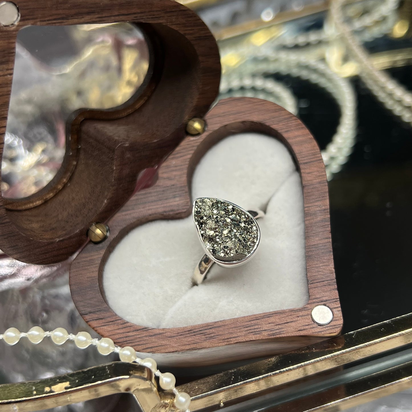 Pyrite Teardrop shape crystal ring from 📍Peru - 925silver - size UK P - US 8